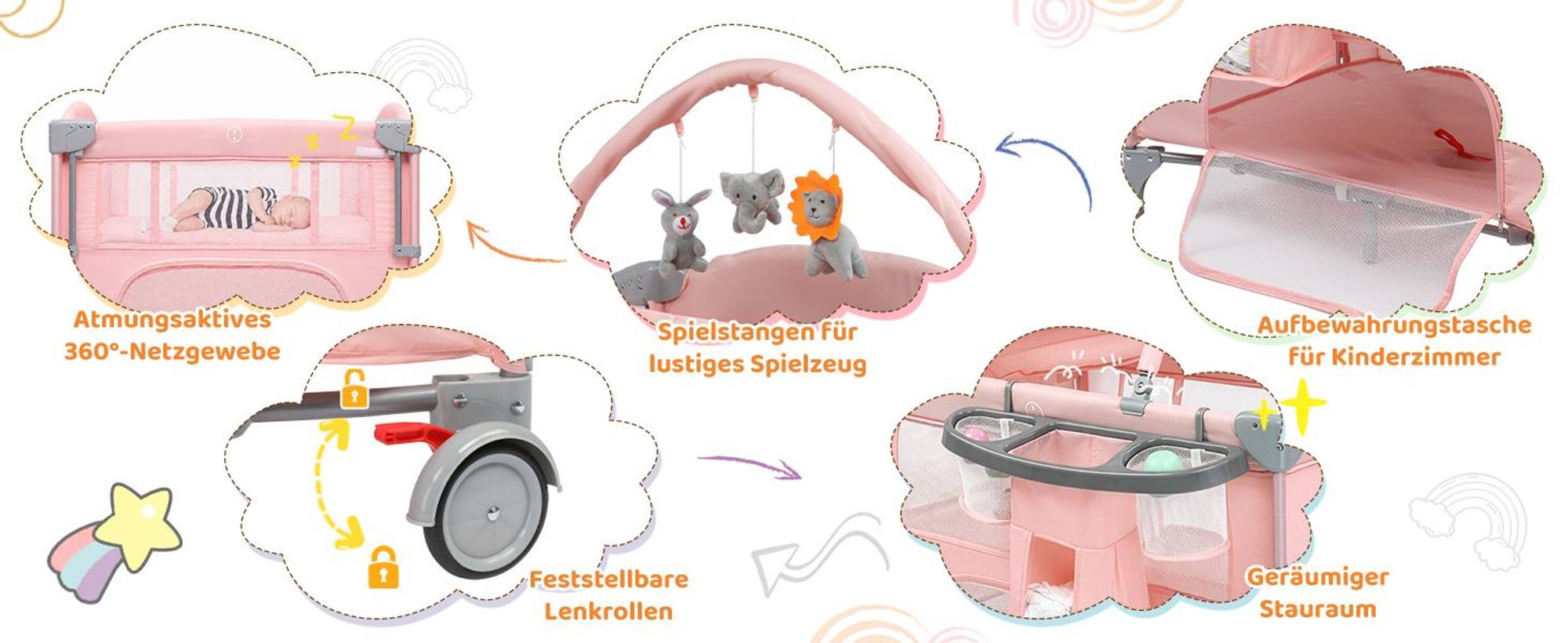 LEADZM 5‑in‑1 Baby Reisebett klappbar, multifunktionales Babybett als Beistellbett, Laufstall, Wickeltisch & Reisebett, mit Moskitonetz,Rosa