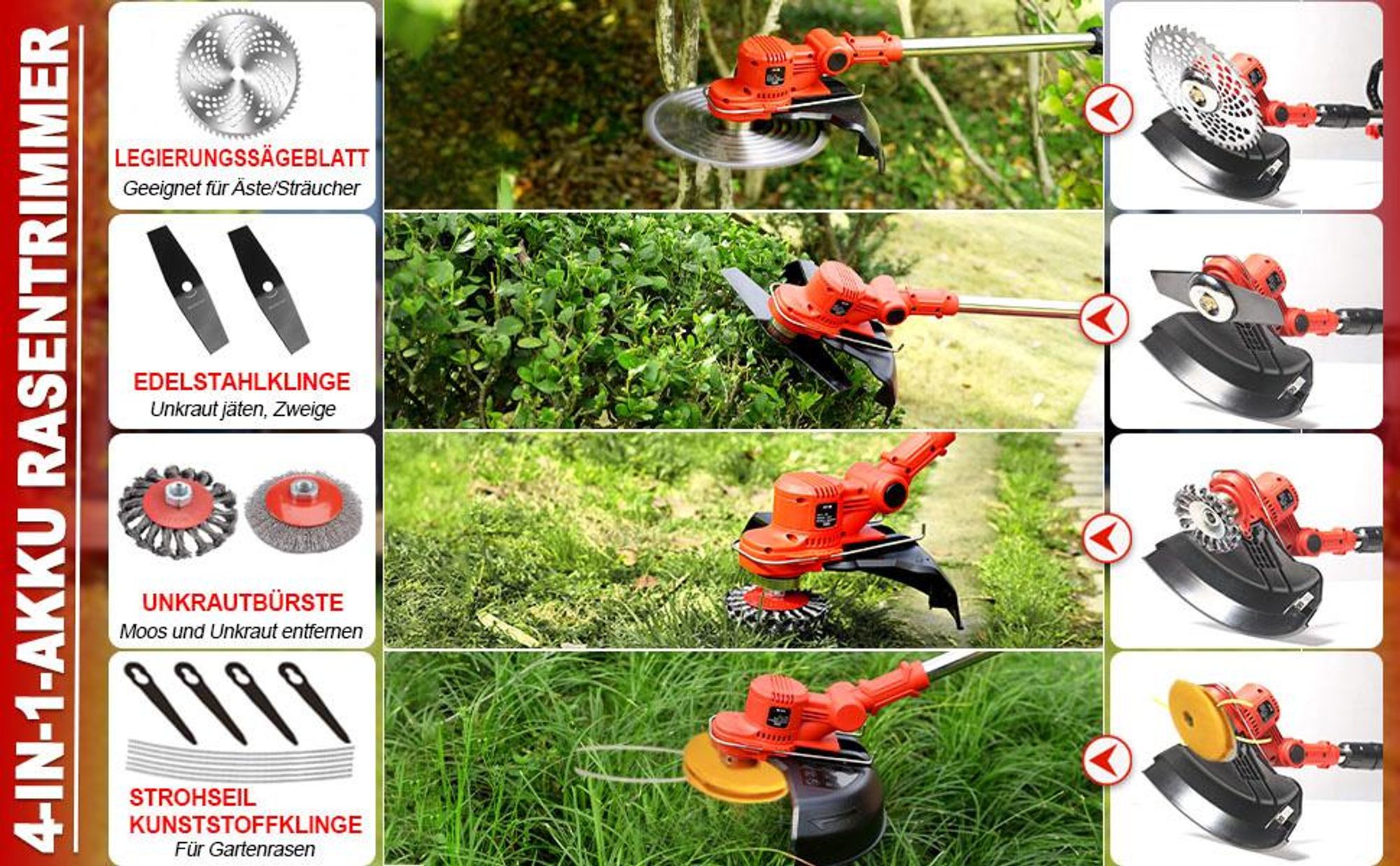 Akku Rasentrimmer mit 2x 4000mAh Akkus, Höhenverstellbar, Leichtgewicht, Freischneider mit Unkrautbürste, Sägeblatt, Kunststoff & Metallklingen