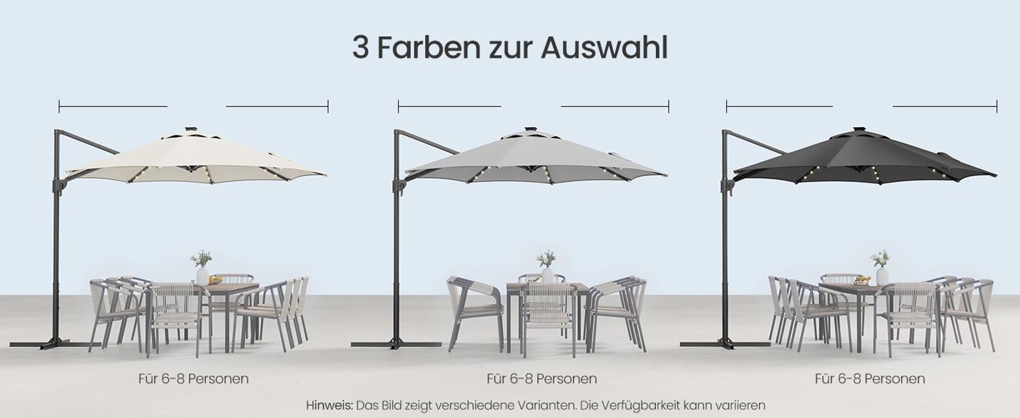 Sonnenschirm Ampelschirm, ∅300cm, 28 Solar-LED-Leuchten, UPF 50+, um 360° drehbar