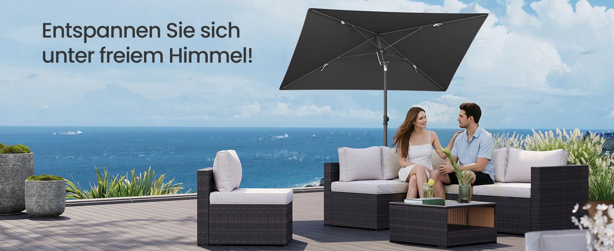 SONGMICS Sonnenschirm 190 x 120 cm, UPF 50+ Sonnenschutz für Garten Terrasse Strand, knickbar, ohne Ständer, grau
