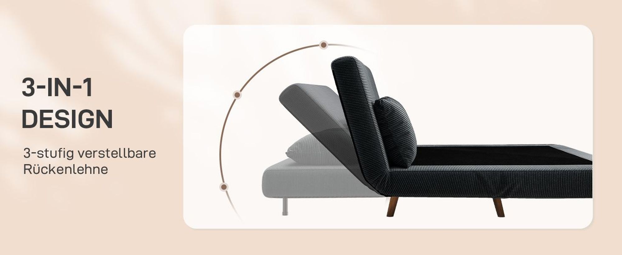 HOMCOM Schlafsofa, Klappsofa mit Bettfunktion, Rückenkissen Kordoptik Dunkelgrau