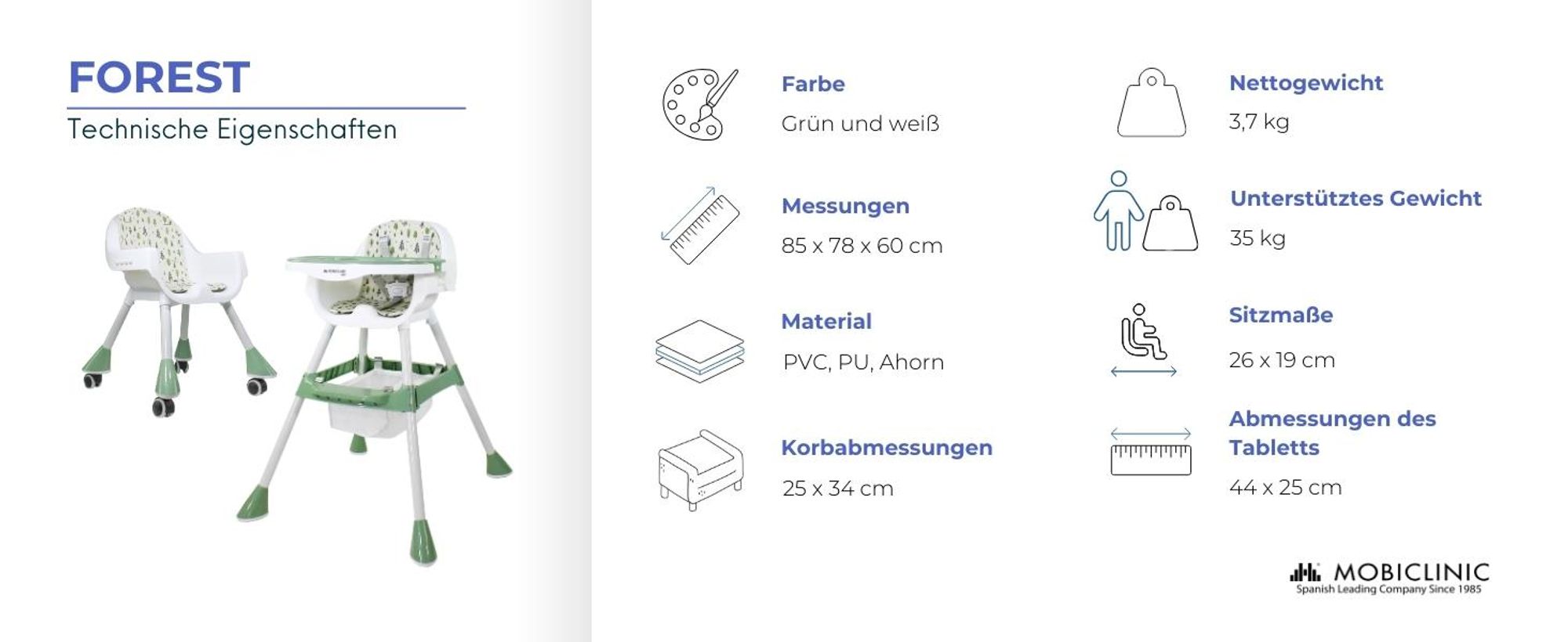 Mobiclinic Kids, Evolutionärer Hochstuhl, 2 in 1, Höhenverstellbar, Doppeltablett, 6 Monate–6 Jahre, Forest, 5-Punkt-Sicherheitsgurt, abnehmbare Räder