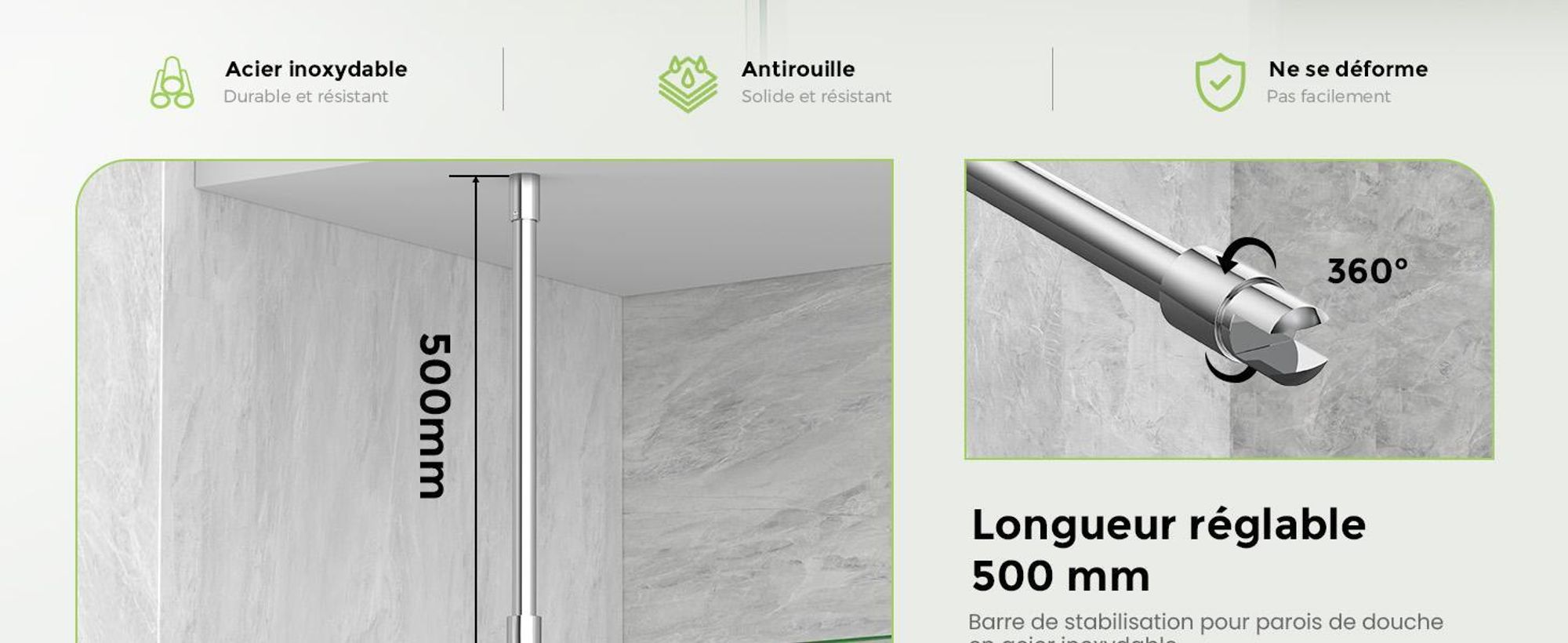 S'AFIELINA Barre de stabilisation de douche en acier inoxydable, ronde, réglable (longueur), pour verre 6-10 mm, également pour plafond, idéale pour les parois de douche,2 pièces