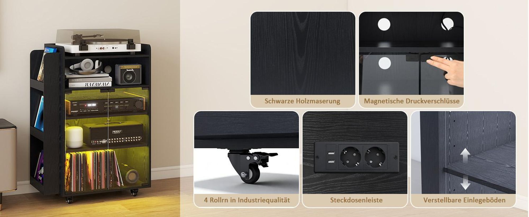 Puluomis Schallplattenschrank mit LED RGB Beleuchtung, Steckdosenleiste, Wohnzimmerschrank mit Rollen, Magnetdruckverschlüsse, Verstellbare Böden