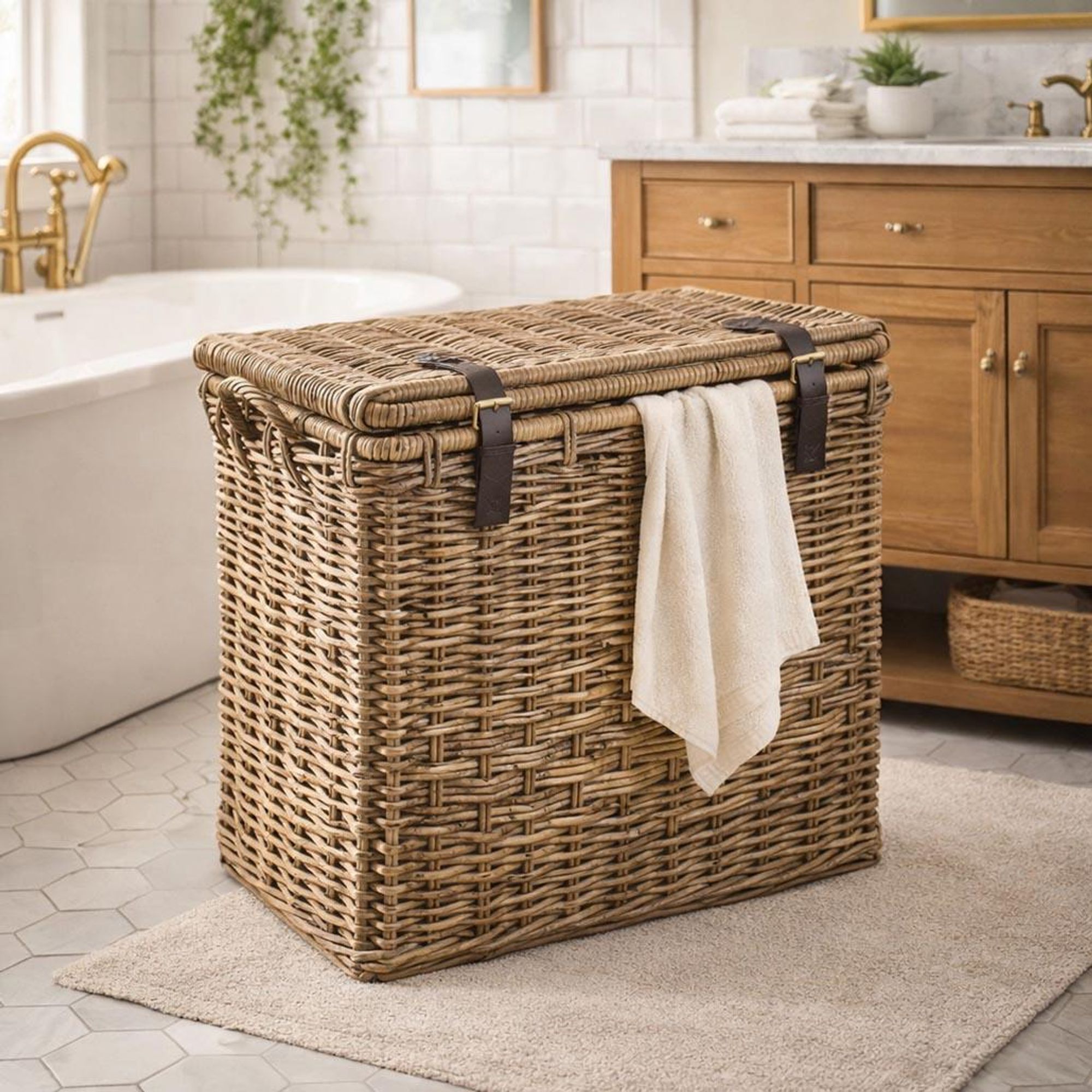 Kobolo Aufbewahrungskorb Universalkorb aus Rattan mit Deckel Griffen Lederriemen 72x43x58 cm Rattankorb Dekokorb Truhe Wäschekorb Ordnungskorb