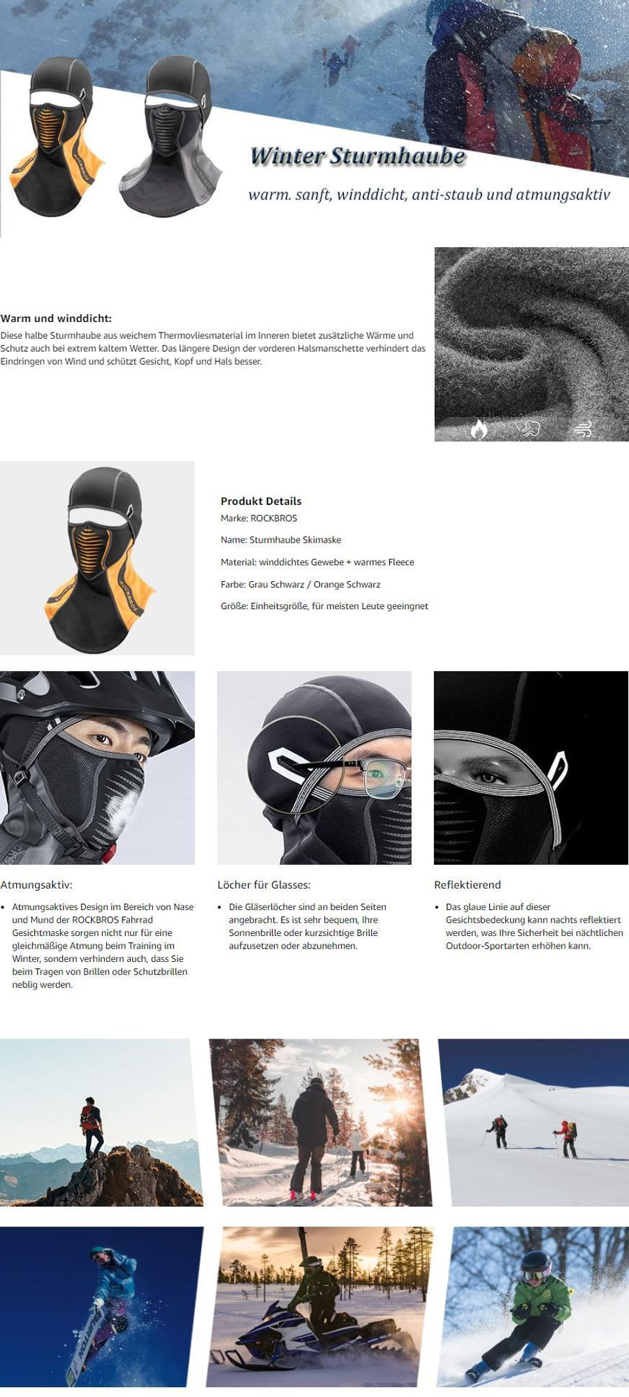ROCKBROS Winter Sturmhaube Fahrrad Balaclava Thermal für Radsport Damen Herren Schwarz Grau