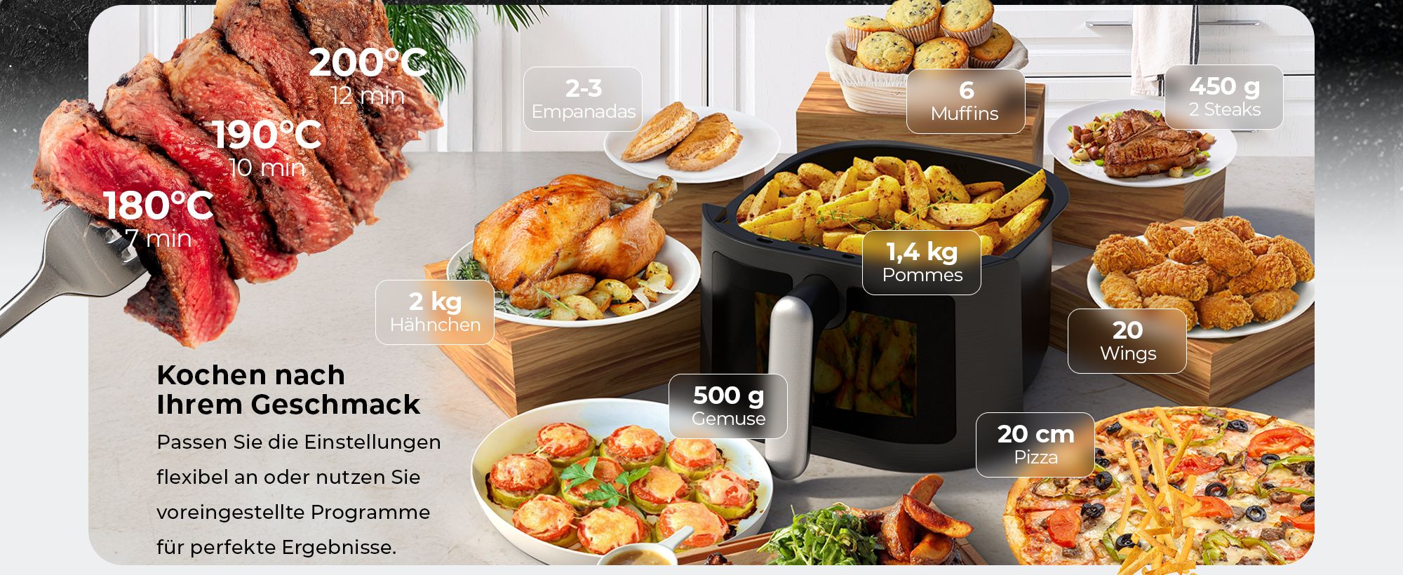 Balter Heißluftfritteuse XXL 5,5L mit Sichtfenster, 1500W, Airfryer, ohne Öl, 12 Programme, Touch-Bedienung, 100 Rezepte, Edelstahl, Schwarz