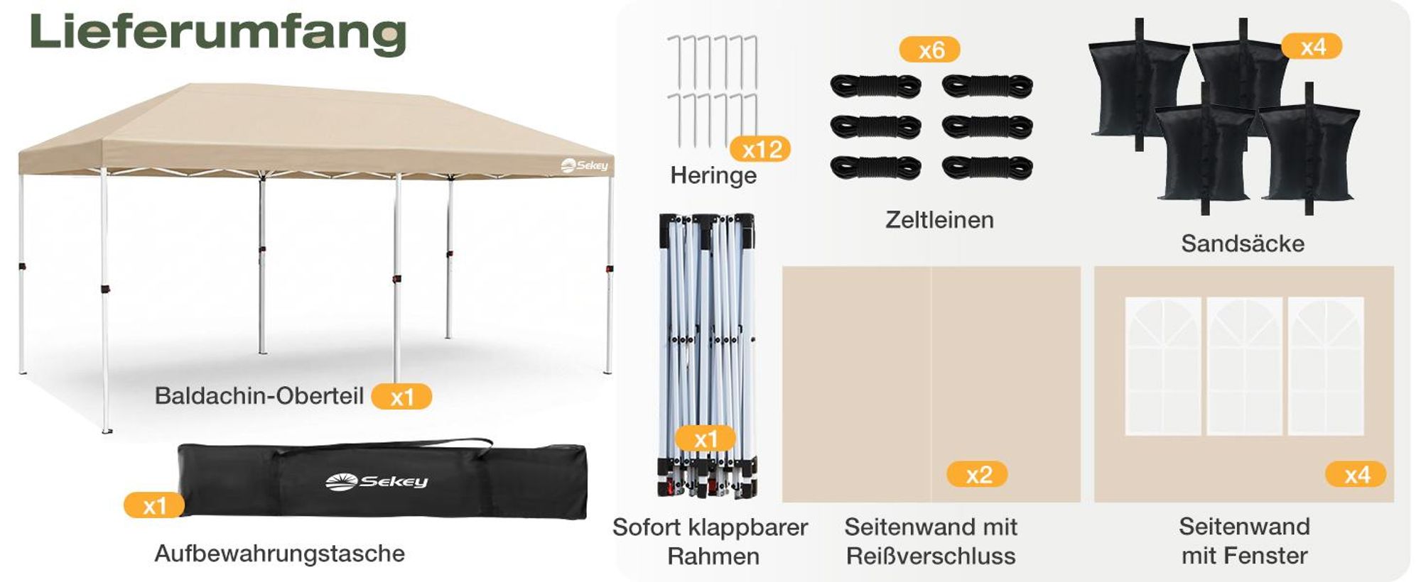 Sekey Faltpavillon 3x6 m wasserdicht UV50+ Gartenpavillon Partyzelt mit 6 Seitenteilen höhenverstellbar, Taupe