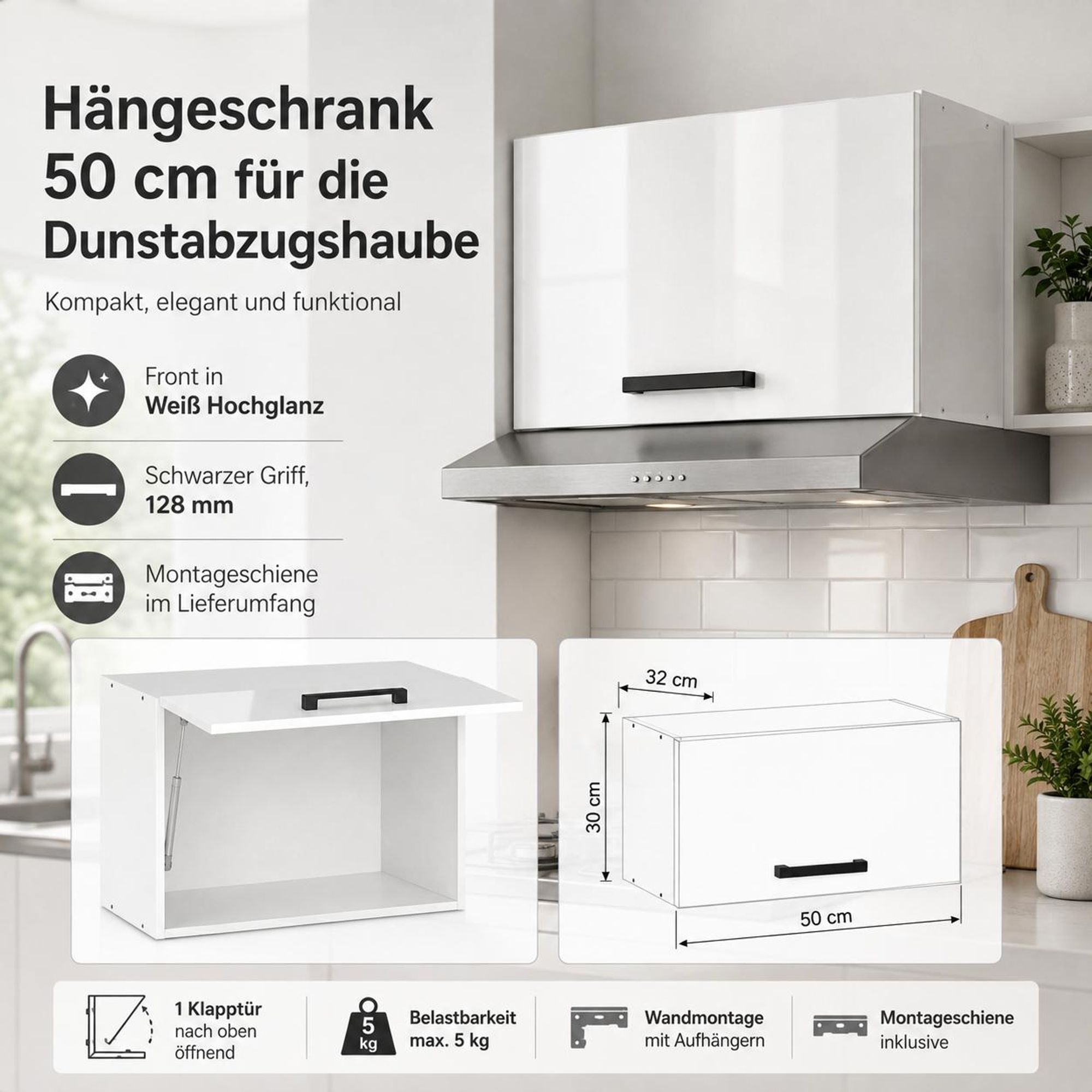 Dunstabzug-Hängeschrank 50 cm Weiß Hochglanz: Küchenschrank mit Klapptür & schwarzem Griff.