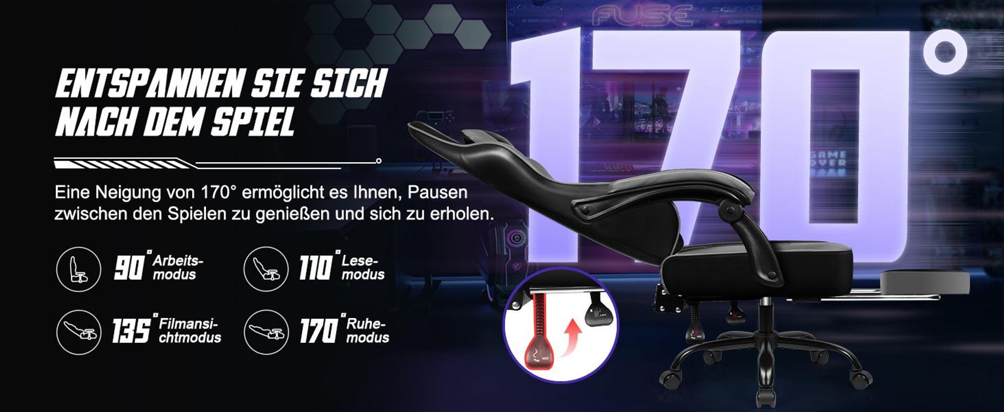 Aiibot Gaming Stuhl Bürostuhl Schreibtischstuhl Ergonomischer Gaming Sessel mit Fußstütze und Lordosenstütze, Wippfunktion90°-170°, Grau