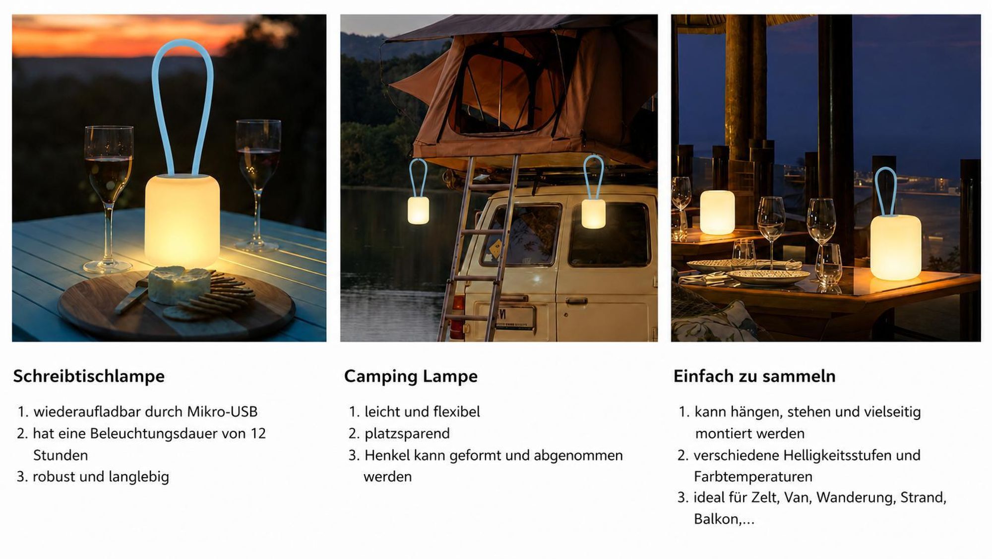 LED Campinglampe,USB-Aufladung Nachtlicht,flexible Outdoorlampe zum Aufhängen,Hinstellen und Montieren,dimmbare Handyhalter Campingleuchte,Blau