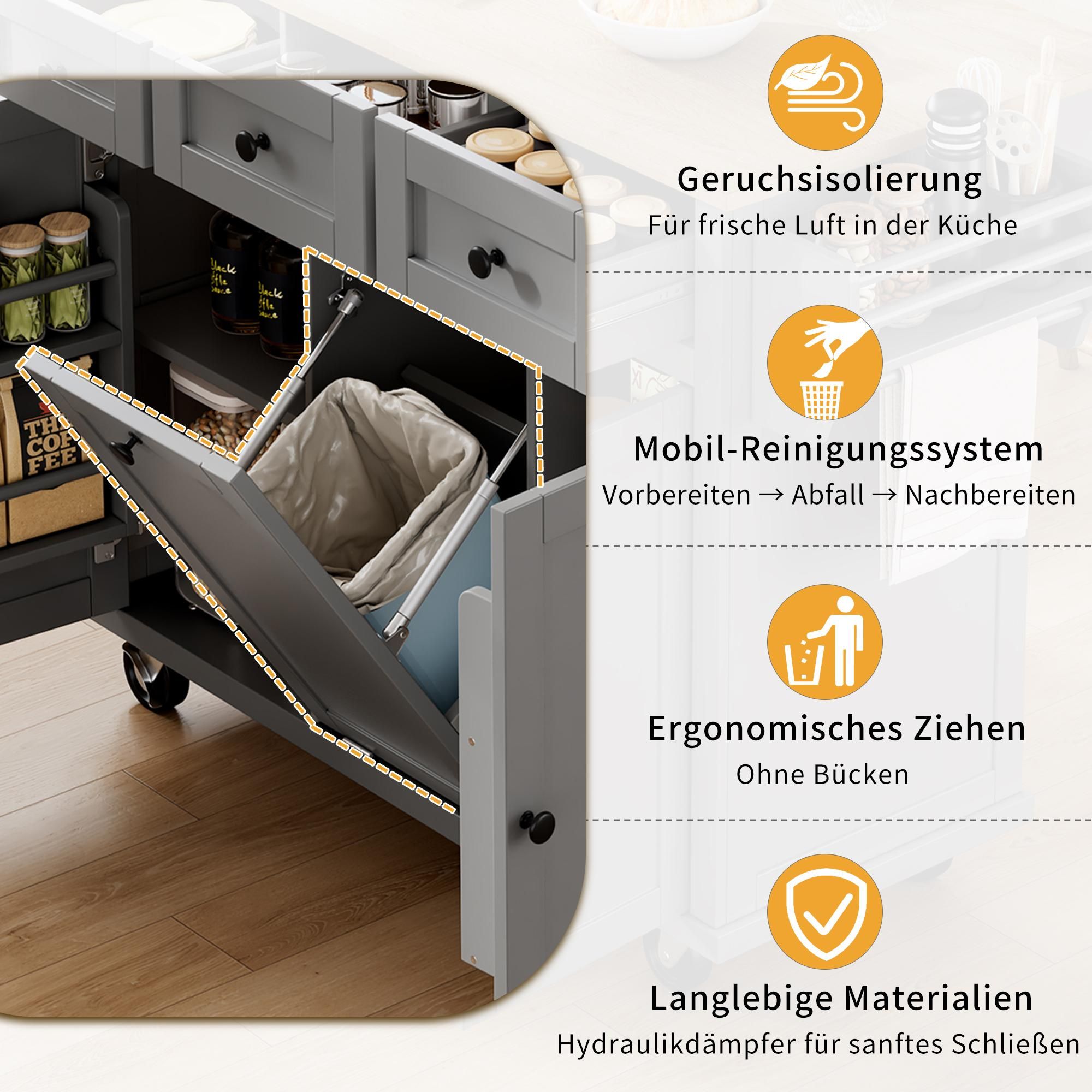 Merax Kücheninsel Servierwagen mit Erweiterbarer Arbeitsplatte, Schubladen und Tür, Küchenwagen auf Rollen, Mobil Küchenschrank, Grau