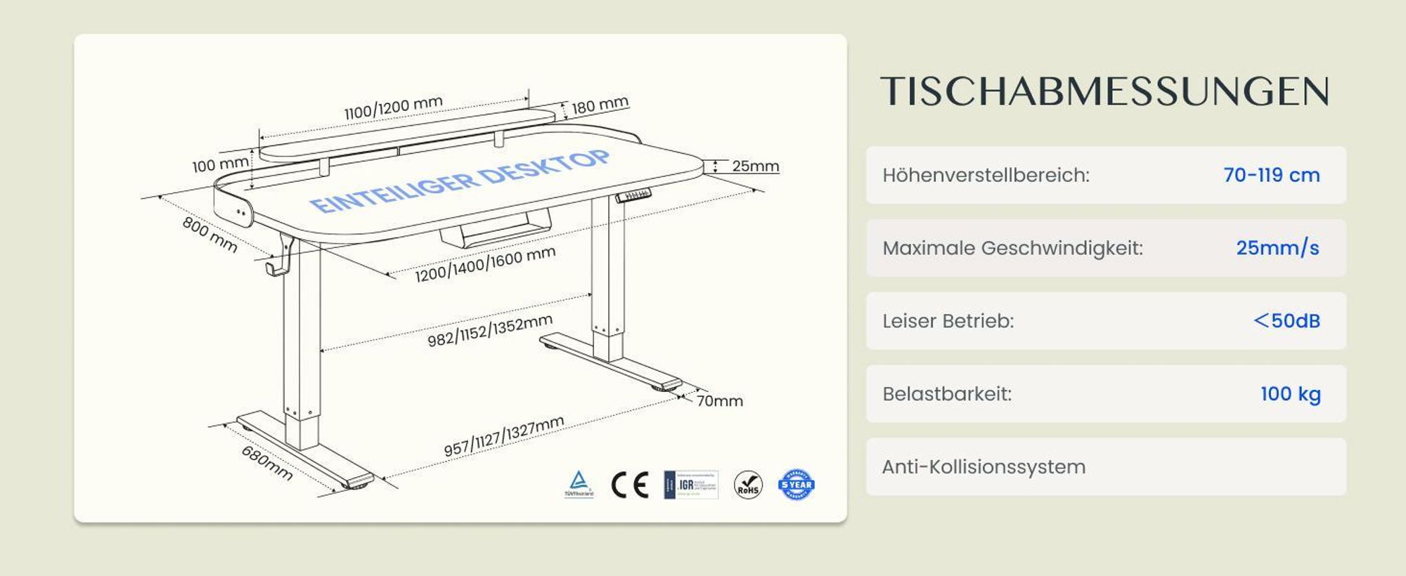 FLEXISPOT E1 Pro Elektrisch Höhenverstellbarer Schreibtisch 120x80cm 25MM EINTEILIGE TISCHPLATTE Doppelmotor 120KG Tragkraft 4 Speicherplätze, Mousseweiß+Mintgrün