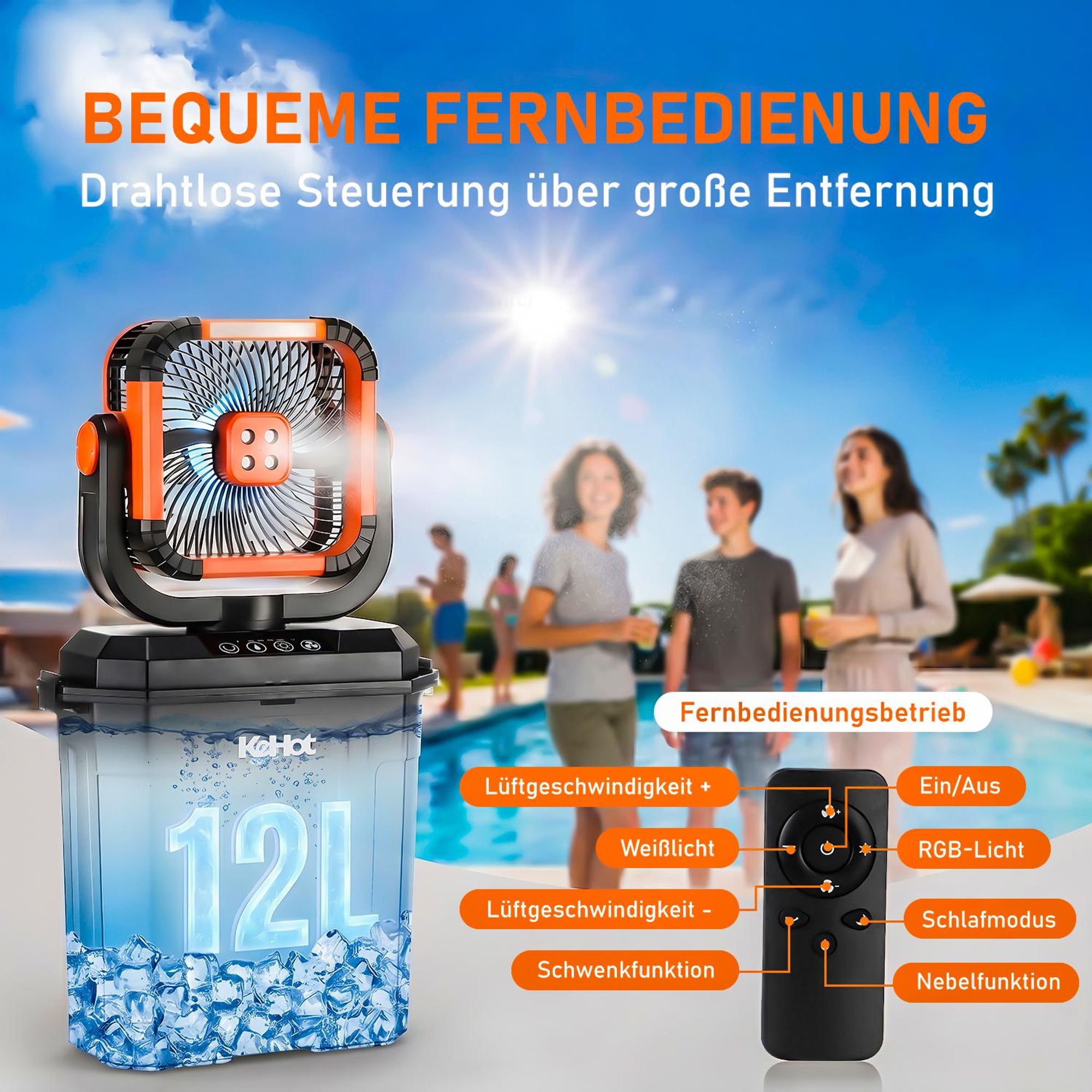 Kehot Campingventilator mit Sprühfunktion 12L Wassertank 10000mAh Akku 120° Oszillation LED Licht Fernbedienung USB-C Outdoor Ventilator für Camping W