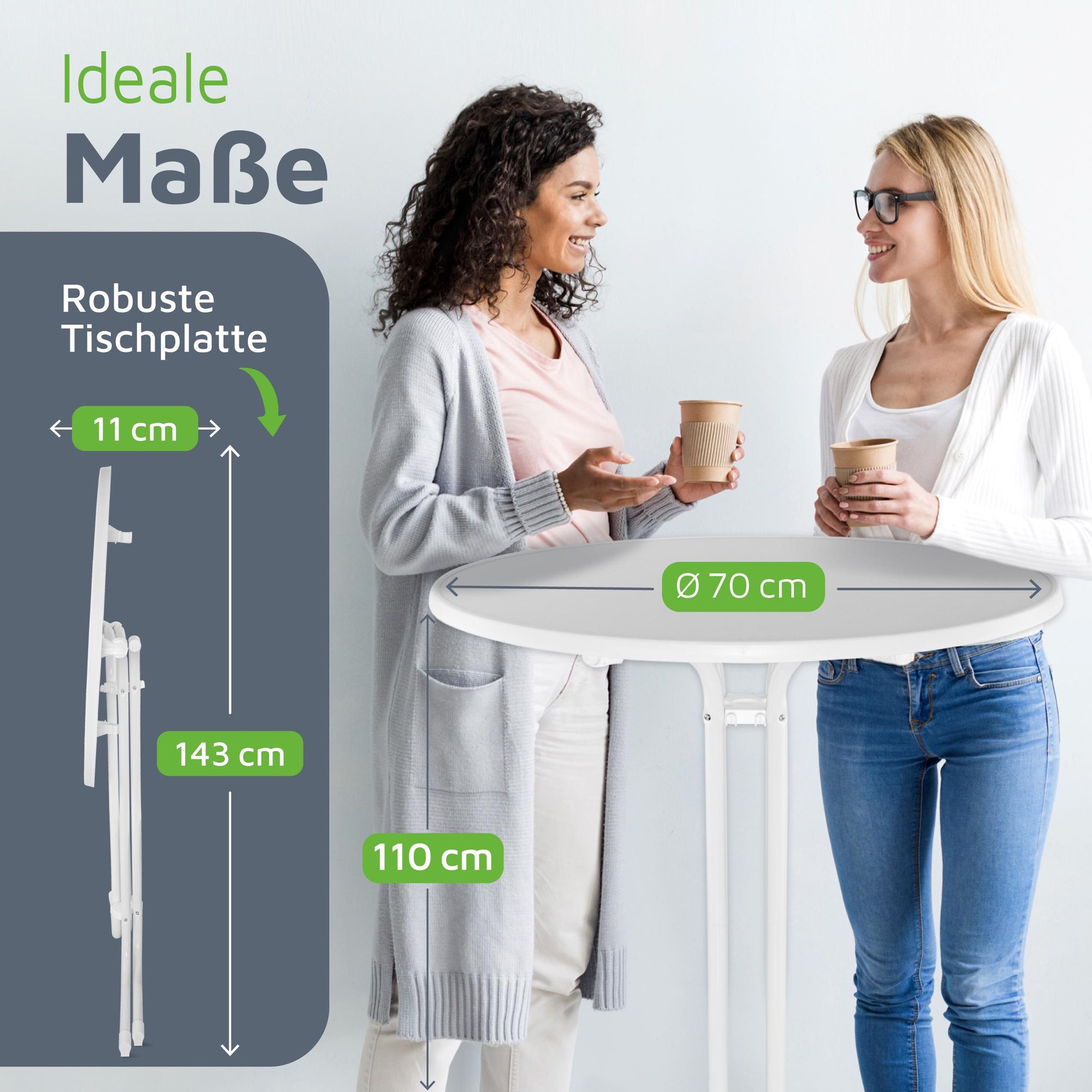 BeFair Gastro Stehtisch klappbar Ø 70 cm – runder Bistrotisch 110 cm Höhe, Indoor & Outdoor, weiß, mit Jacken- & Taschenhaken