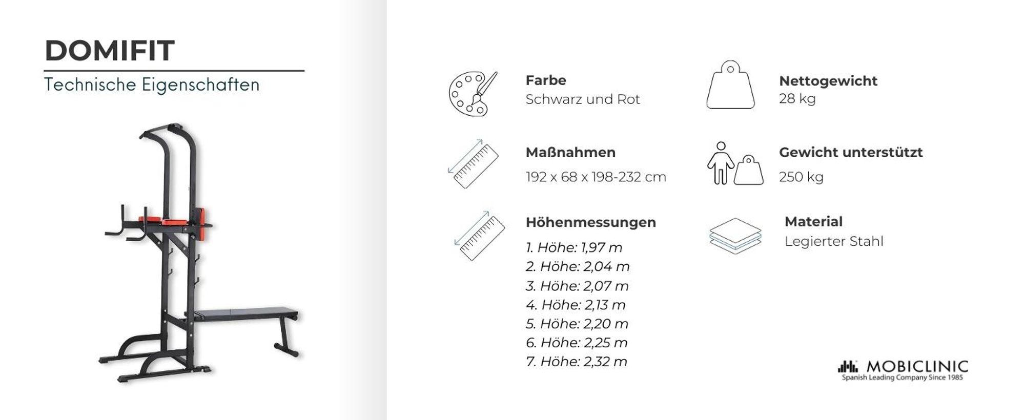 Mobiclinic Power Tower mit Gewichtsbank 100 kg Kraftstationen 9 in 1 klappbar Domifit verstellbar in 8 Höhen Klimmzugstange Liegebank Langhantelablage