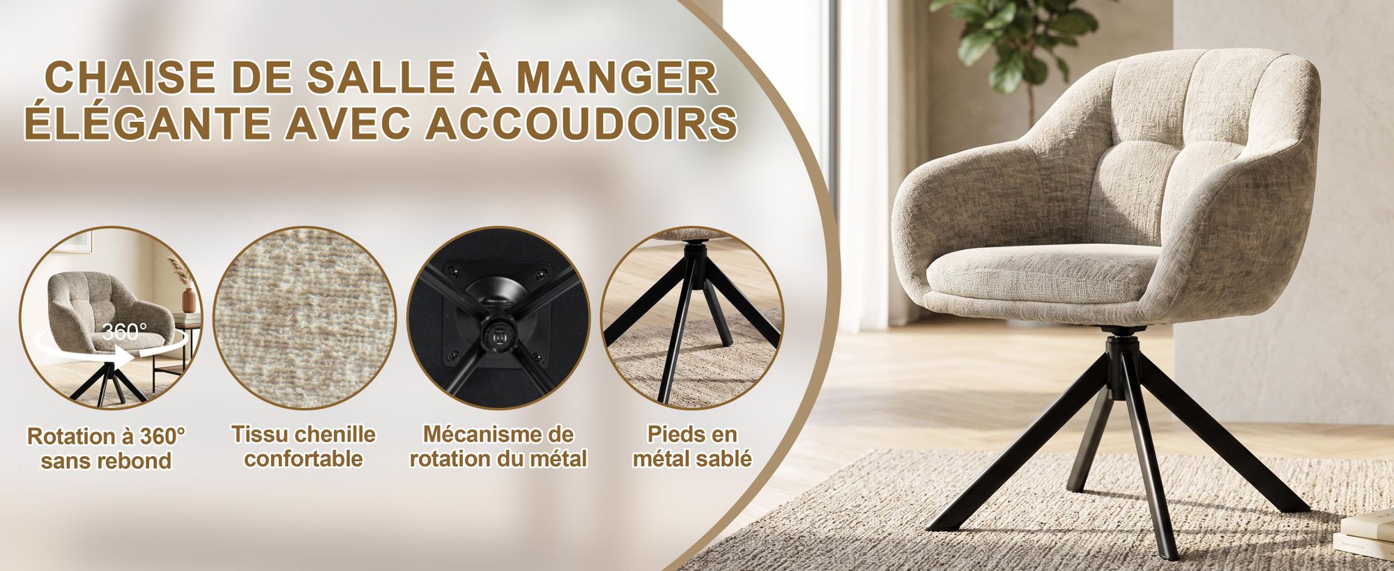 Fauteuil de salon Duhome en chenille, chaise de coiffeuse, chaise de salle à manger avec coque pivotante à 360°, kaki
