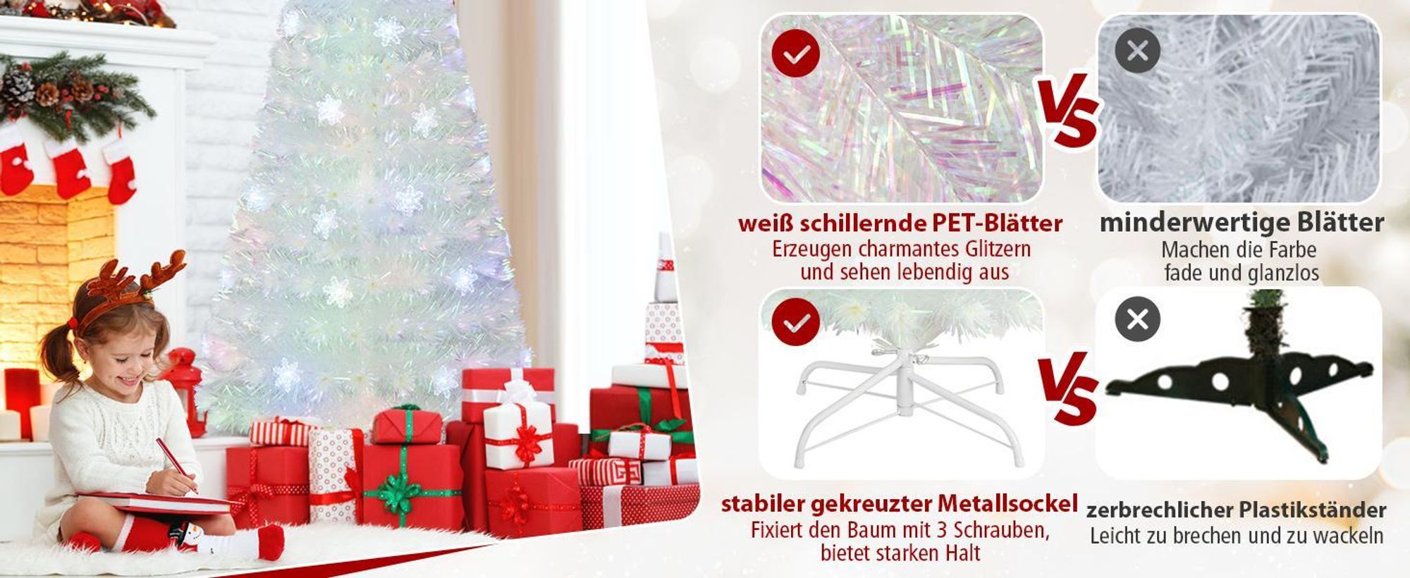 COSTWAY Weihnachtsbaum Künstlich mit Beleuchtung, Tannenbaum mit bunten LED-Lichtern & Glasfaser & Sternspitze, Christbaum für Zuhause Büro Geschäfte Hotels, Weiß (120 cm)