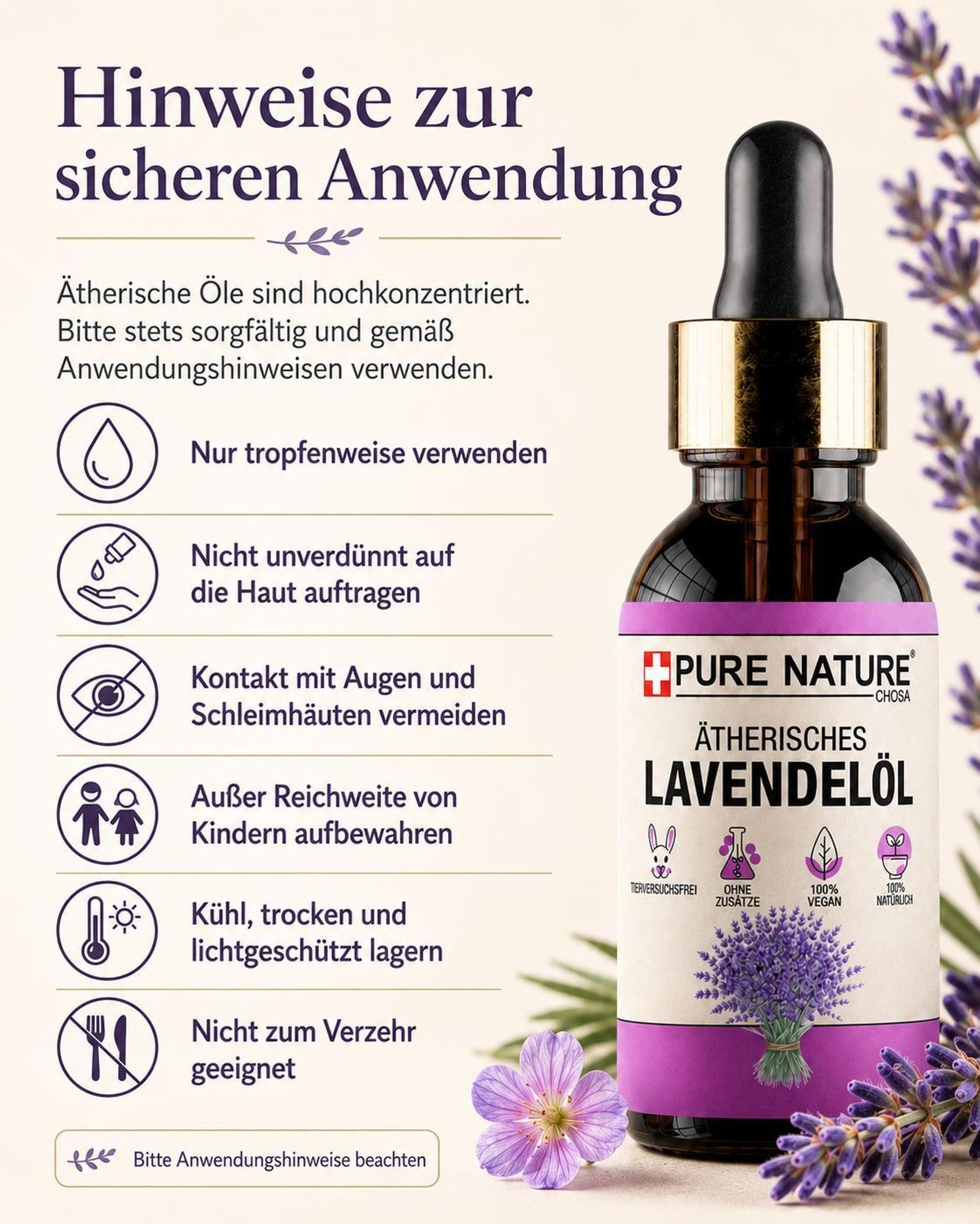 Lavendelöl 100 ml, 100% natürliches ätherisches Öl für Diffuser, Aromatherapie, Massage, Bad & DIY-Kosmetik | PURE CHEMICAL