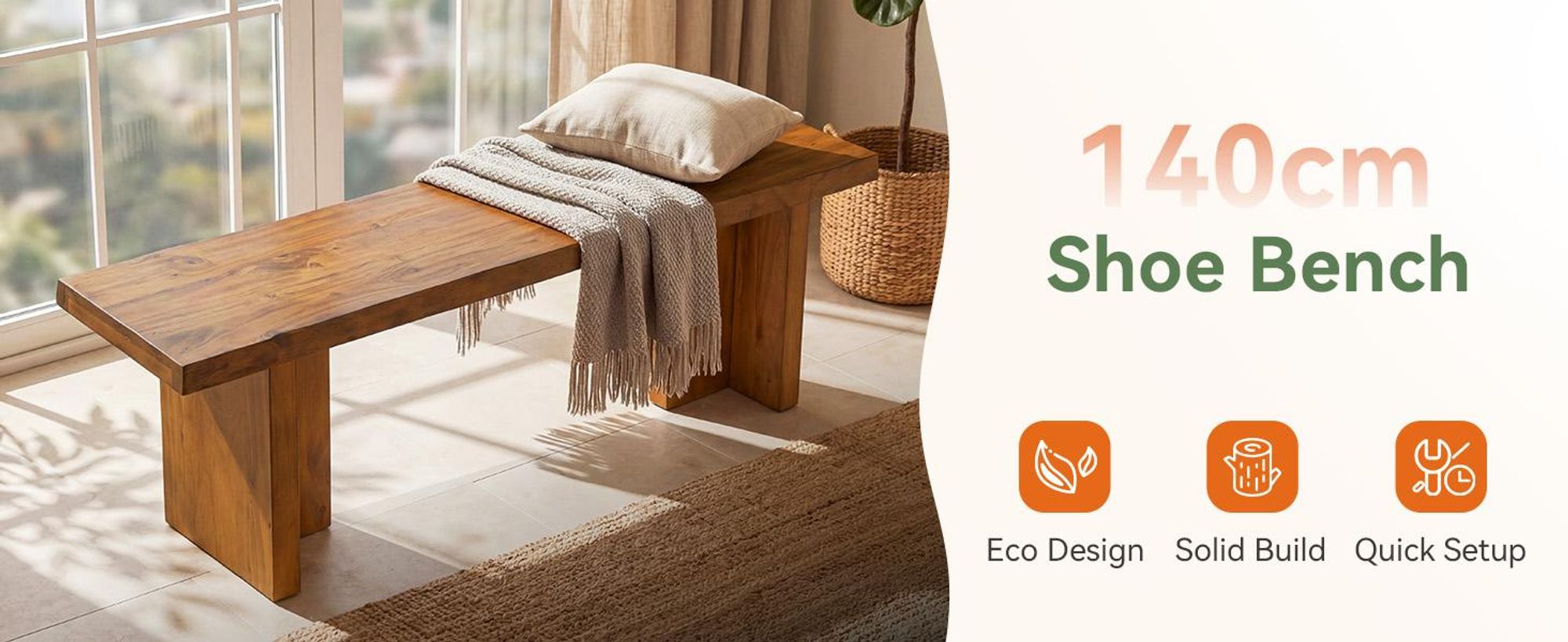 140 cm Holzbank für den Eingangsbereich, Schuhbank Massivholz für Eingangsbereich, Bettbank für Schlafzimmer, für den Eingangsbereich, den Flur, Braun
