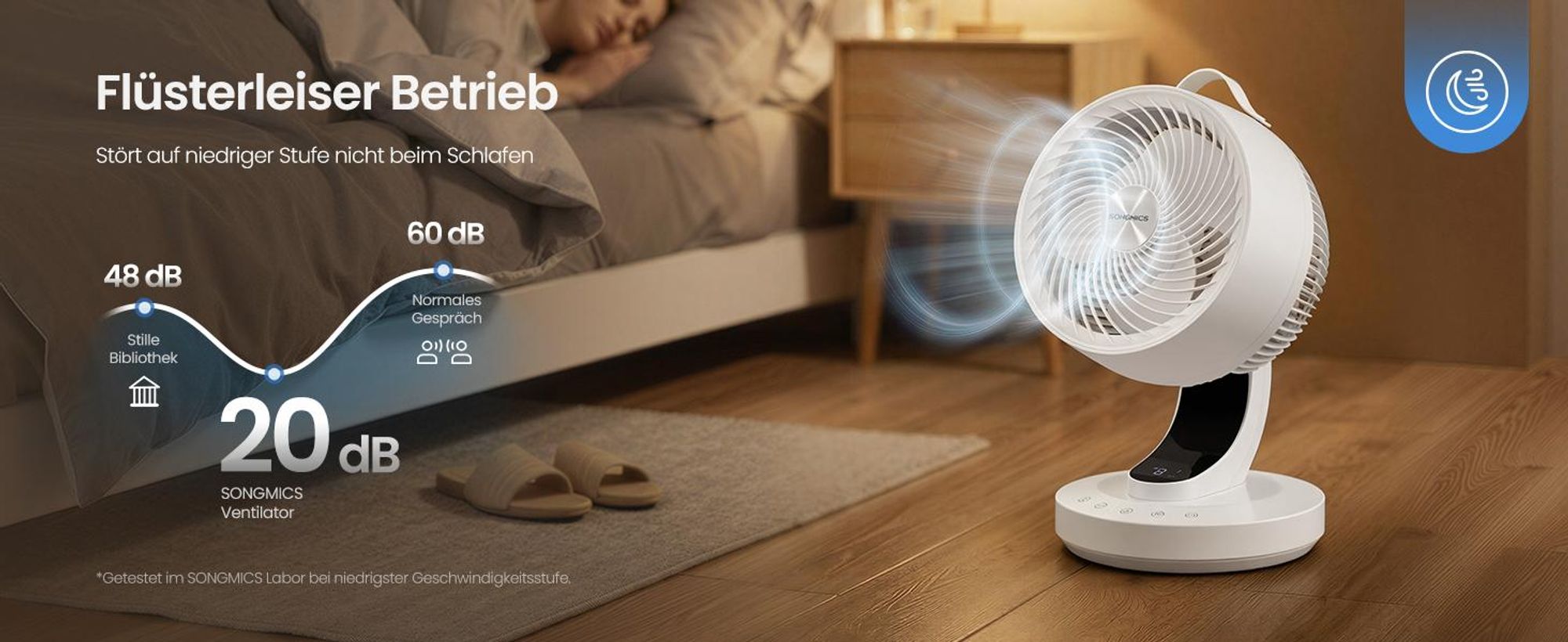 SONGMICS Tischventilator mit LED-Display, leiser Ventilator 20 dB, 8 Stufen, Fernbedienung, Oszillation, Timer, weiß