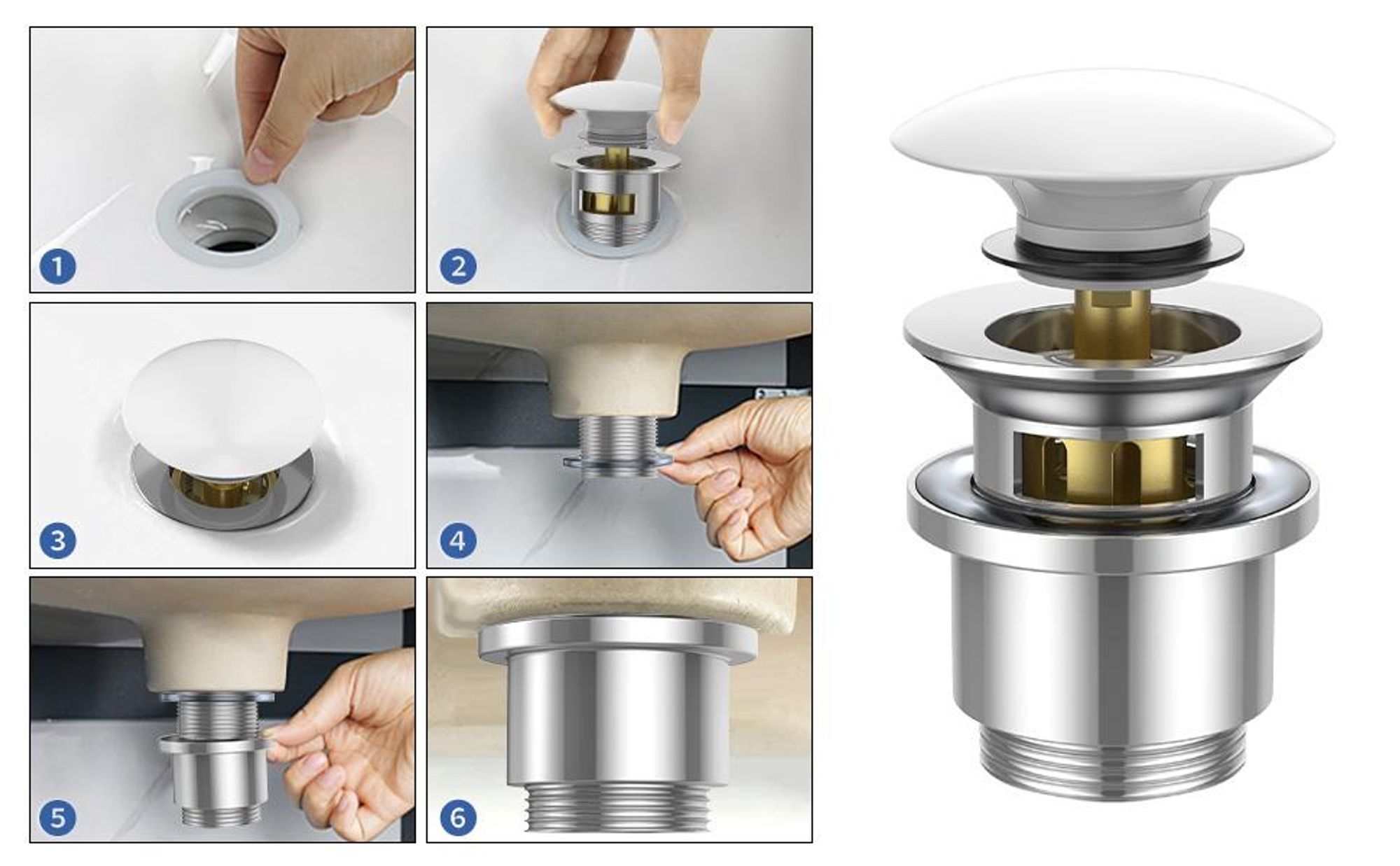 Homelody Wasserhahn Bad mit Universal Ablaufgarnitur Armatur Mischbatterie Waschbeckenarmatur mit Weiß Pop-Up Ventil Messing Überlauf Abflussgarnitur