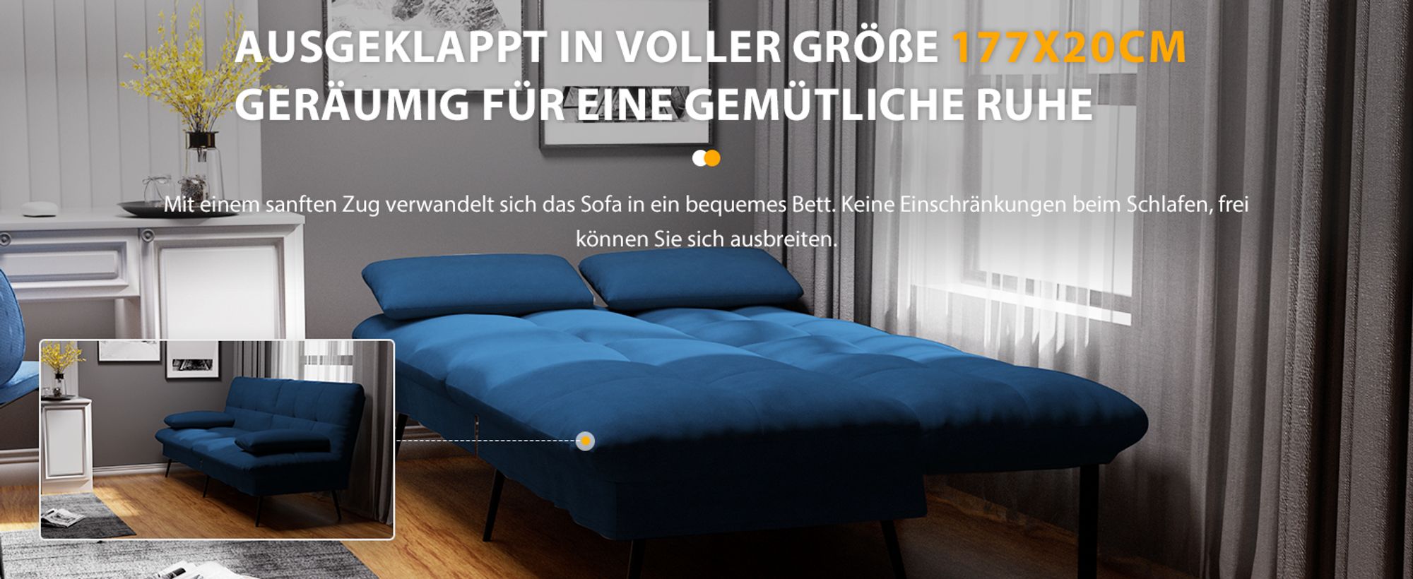 COMHOMA Sofa Schlafsofa mit Schlaffunktion, überzug Futon Klappsofa, Bettcouch, ecksofa, Couch Gästebett, 3-Sitzer Sofa, mit verstellbare Rückenlehne aus Stoff, blau