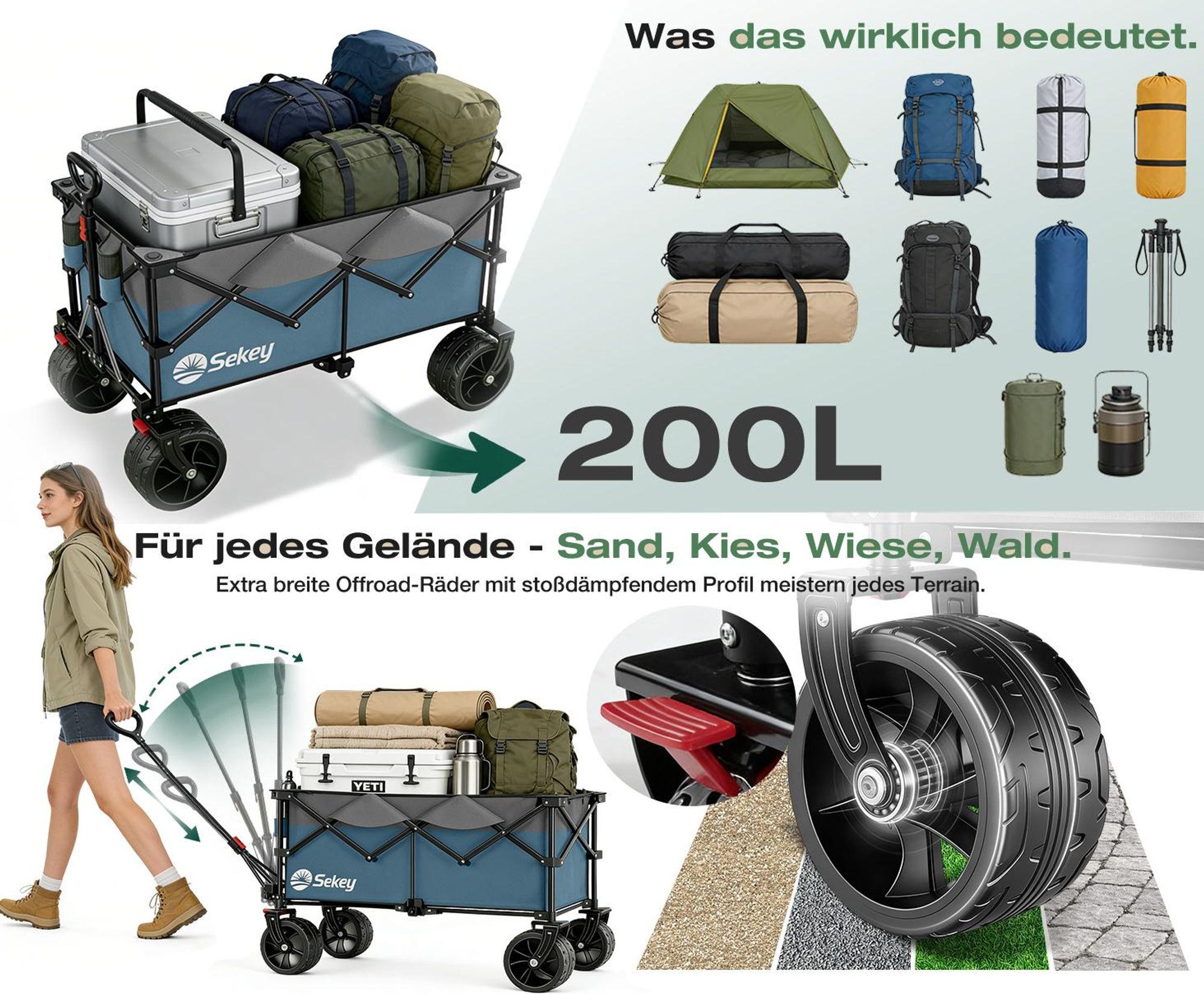 Sekey XXL Plus Bollerwagen Faltbar mit Extra Breite Räder, Faltbollerwagen belastbar 200kg Handwagen Klappbar Transportwagen, Grau und Blau