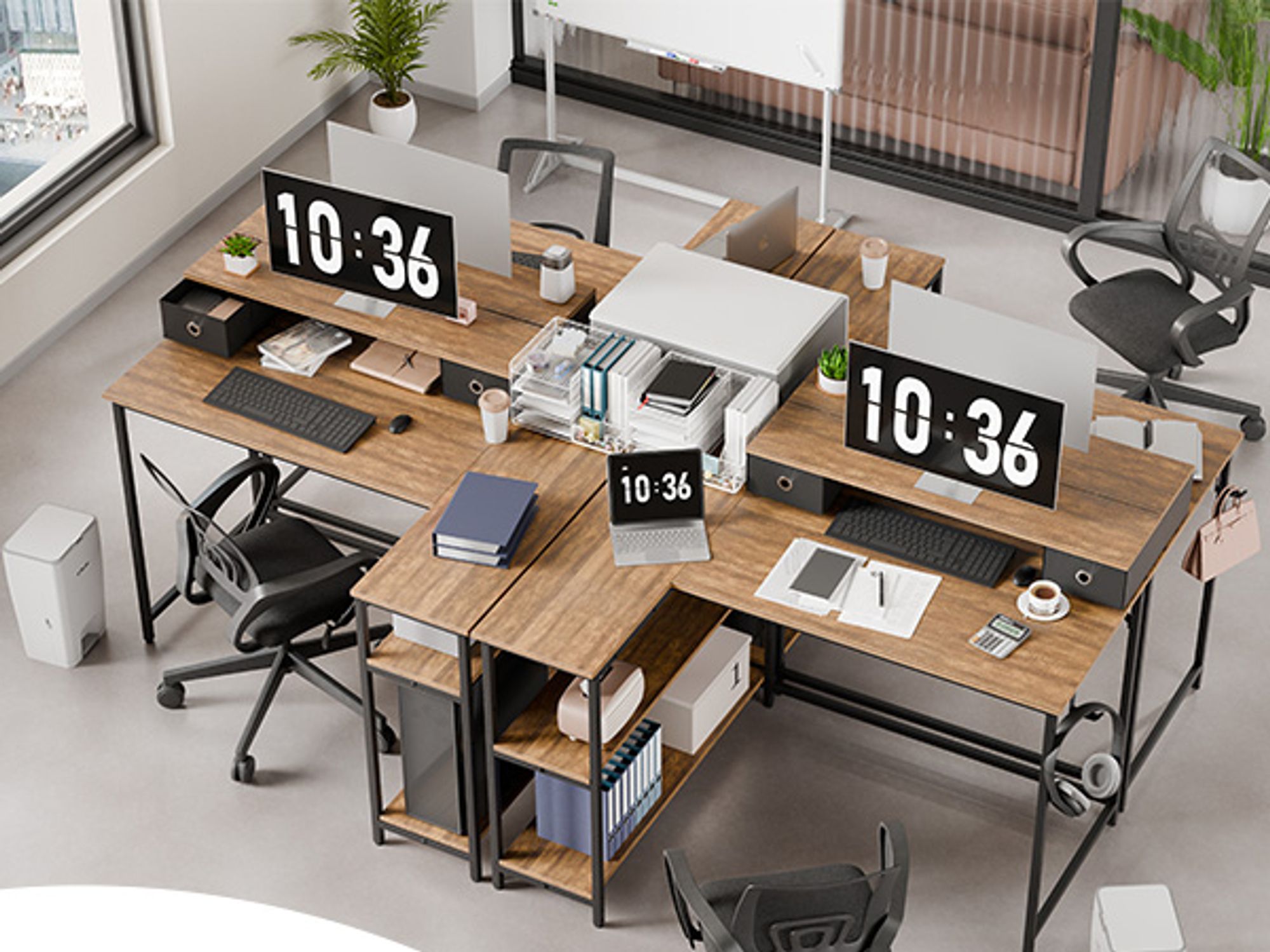 Mondeer L-Förmiger Computertisch Abnehmbare Monitorständer mit 2 Schubladen Schreibtisch mit 2 Regalen links oder rechts 120x90x90cm Vintage Braun