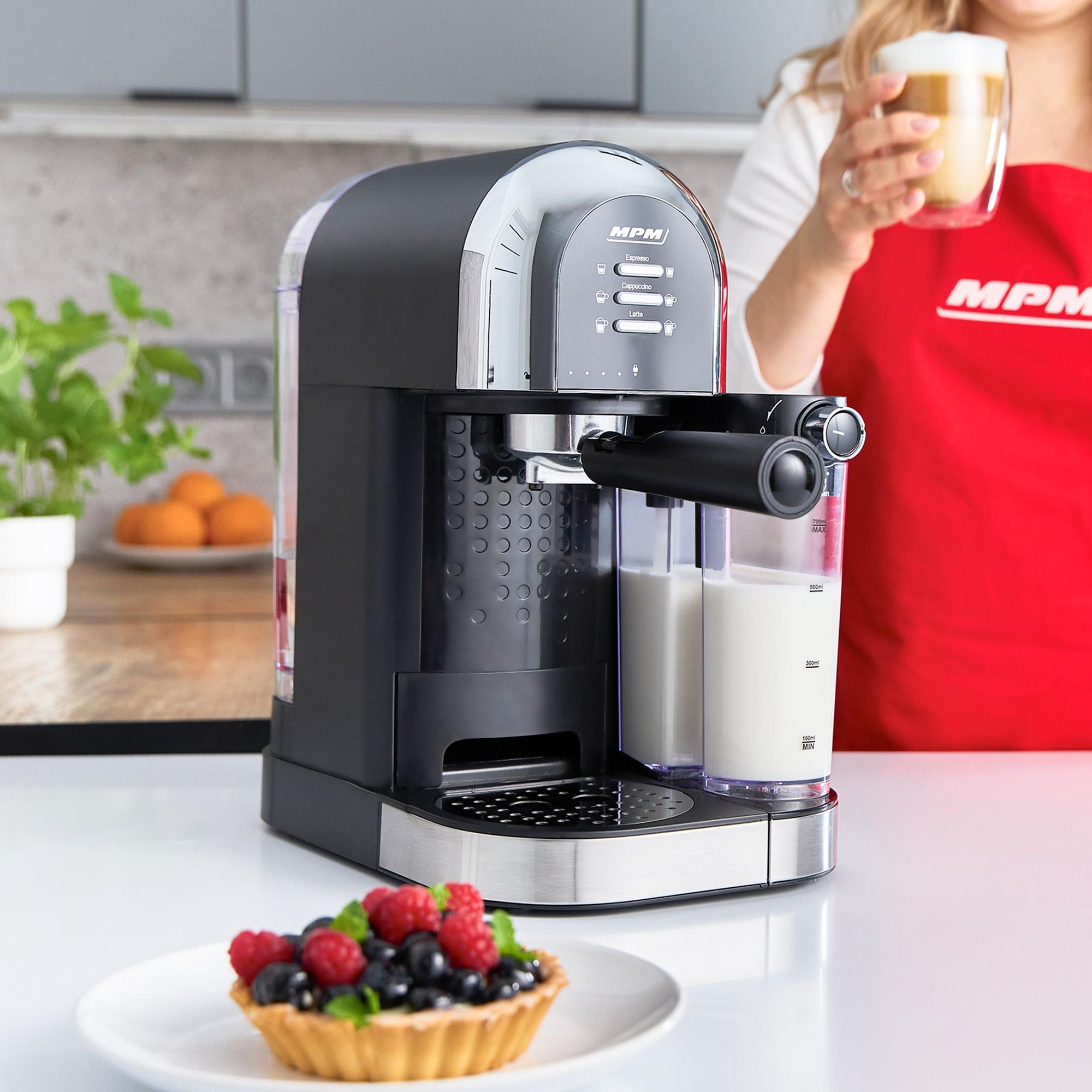 MPM Siebträgermaschine 15 Bar Espresso Kaffeemaschine Cappuccino Latte Thermoblock Milchsystem Milchaufschäumer 1100W MKW-14M