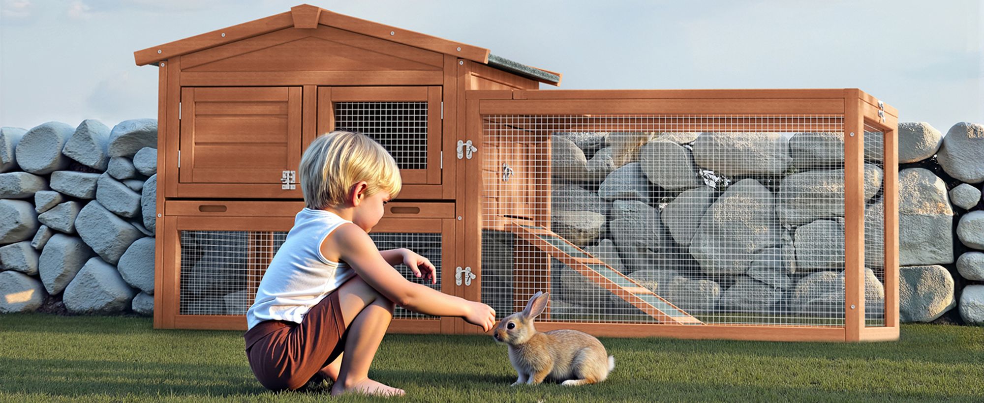 Wiltec XXL Hasenstall 1560 x 520 x 680 mm mit Freilaufgehege und erhöhtem Unterschlupf aus Fichtenholz, Kaninchenkäfig mit 2 Etagen, Kleintierstall