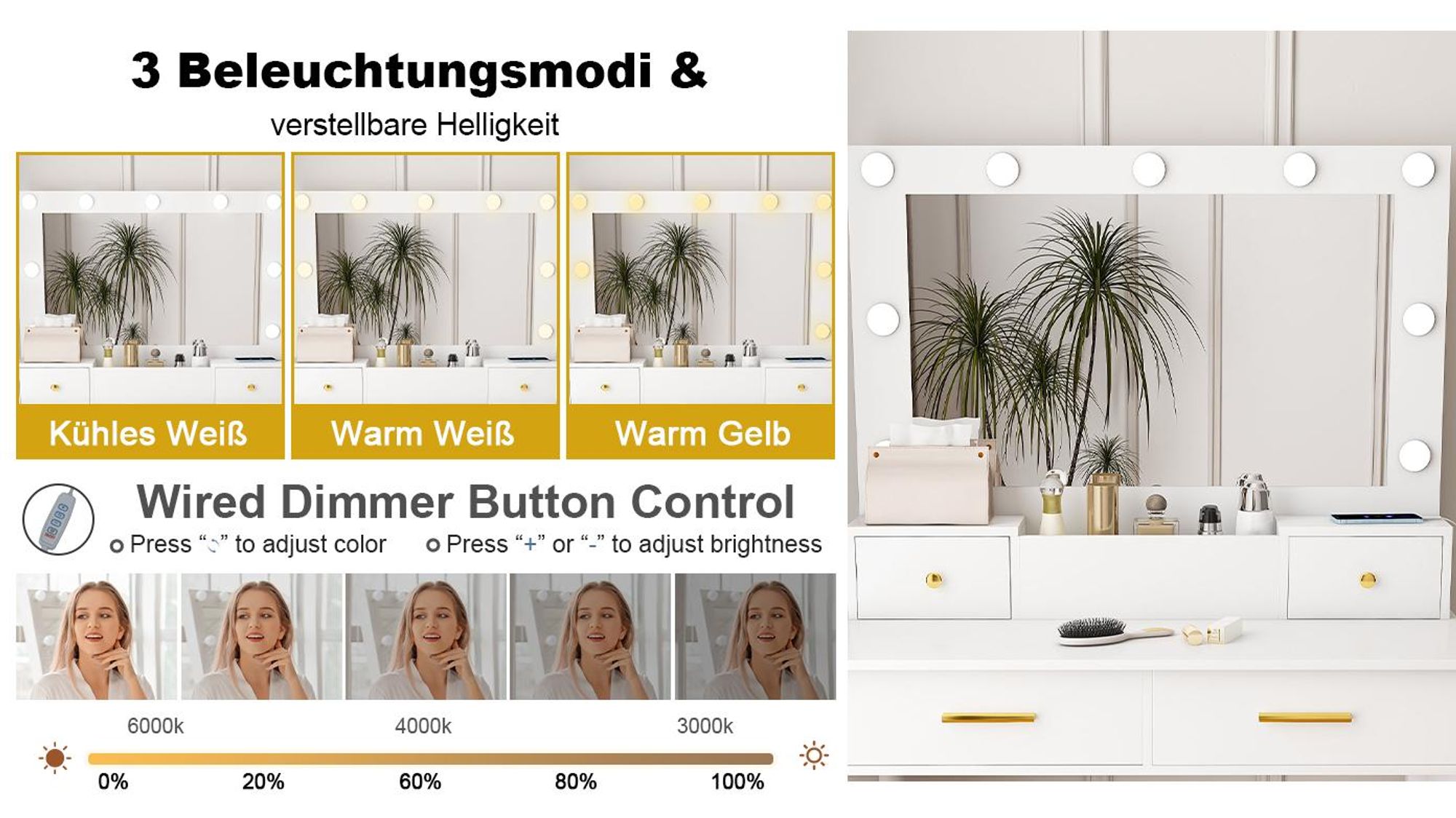 STILVORA Schminktisch mit 3-stufiger LED-Beleuchtung und Steckdose, Frisiertisch mit Haartrockner-Halterung und 4 Schubladen, Kosmetiktisch mit Staufachkorb und gepolstertem Hocker, Weiß