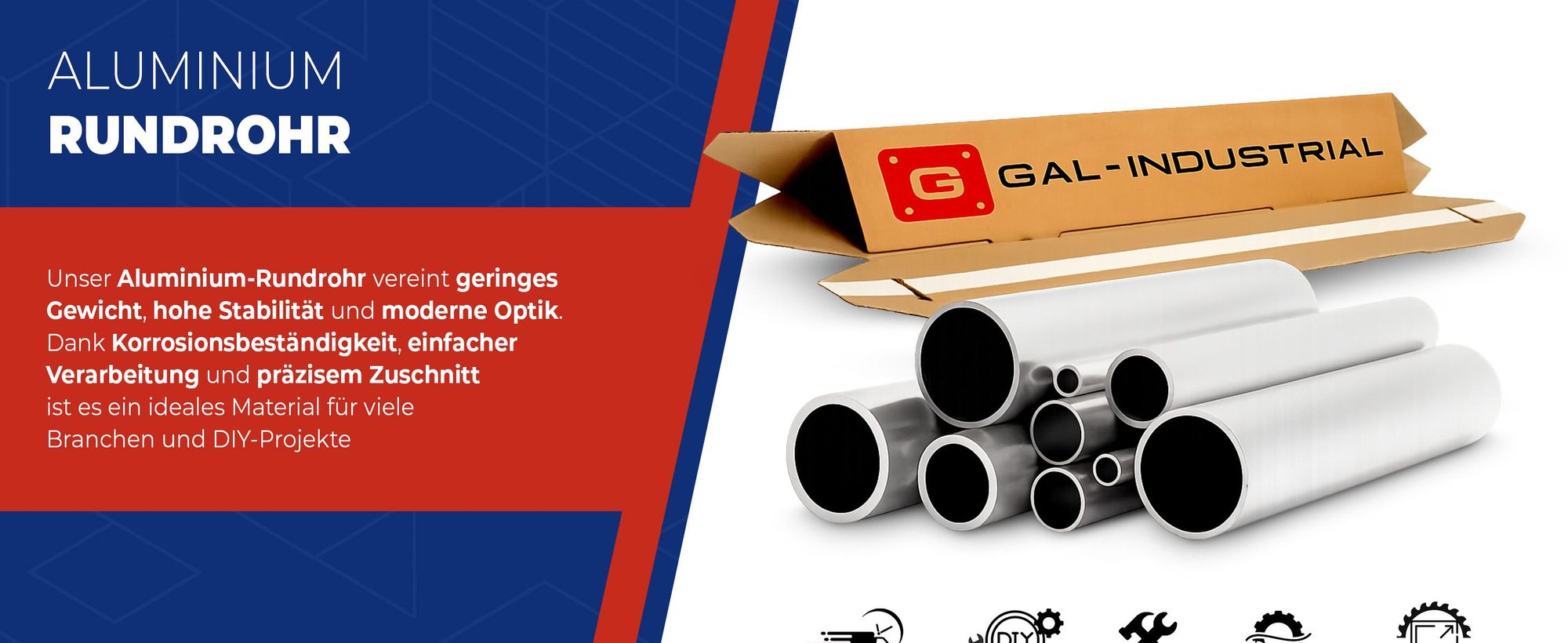 GalIndustrial, Aluminium, Alu Profil, Rundrohr, Profil, Aluminiumrohr