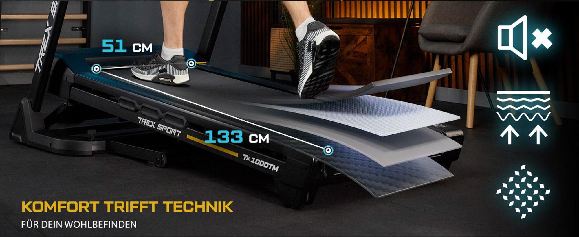 TREX SPORT Laufband für zuhause klappbar elektrisch TX-1000TM PAVO | Treadmill mit LCD-Touchscreen, bis 16 km/h, 24 Programme, 130 kg Benutzergewicht