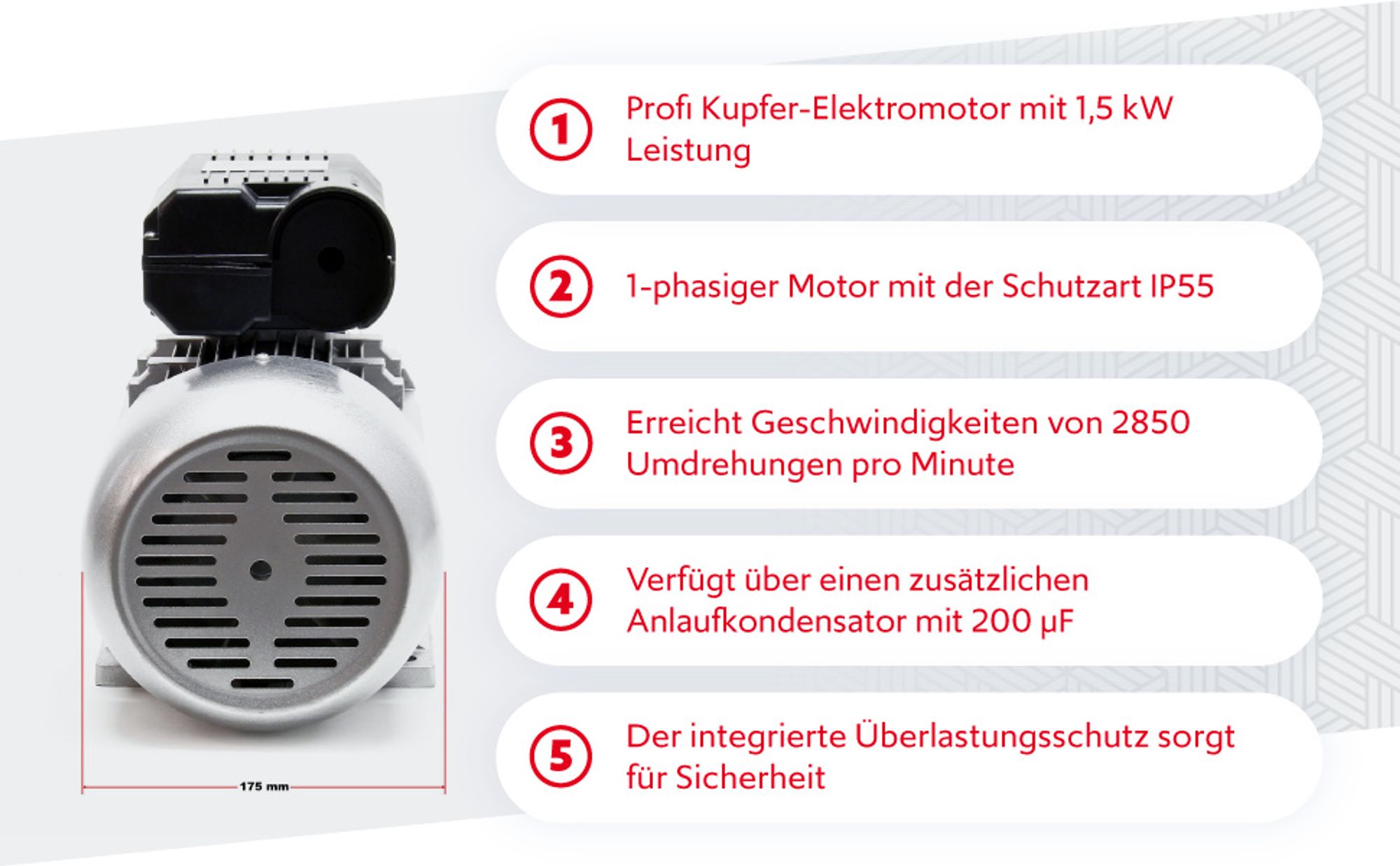 Wiltec Profi Elektromotor 230 V 1,5 kW (2 PS) 1-phasig 2-polig E-Motor mit Anlaufkondensator 2850 U/min und Kupferwicklung
