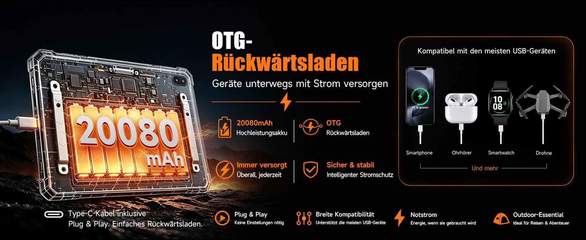RUGTAKE T5 Pro Outdoor Tablet 5G Android 16 - 32GB+256GB - 20080mAh 11" 120Hz 2K 64MP+20MP Nachtsicht Rugged Tablet Gemini AI/Widevine L1, Orange