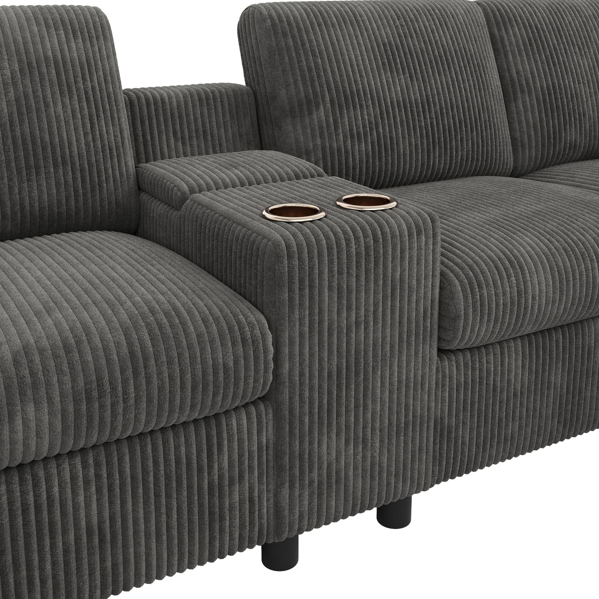 Merax U-Form Ecksofa mit 2 Hockern, USB-, Type-C, Couchtisch & Becherhaltern, 2 Kissen,4-Sitzer Sofa mit Bettkasten, Couch, Cord Stoff, Grau