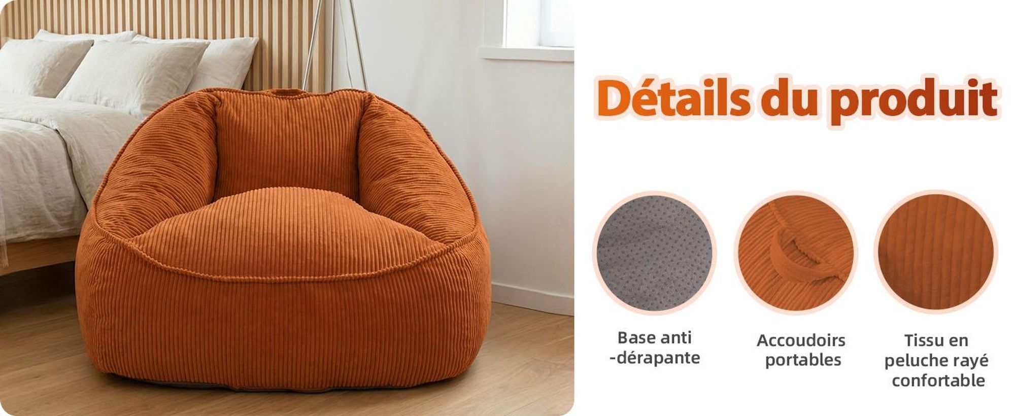 Pouf géant pour adulte, rembourrage en mousse déchiquetée, canapé de sol moelleux, forme poire, orange