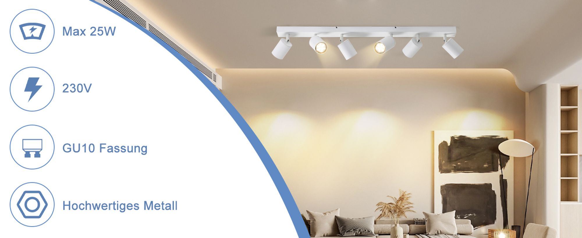 ZMH LED Deckenstrahler 6 Flammig Deckenlampe Deckenstrahler GU10 Metall Deckenspots Schwenkbar 350° Strahler für Wohnzimmer Schlafzimmer Flur Weiß