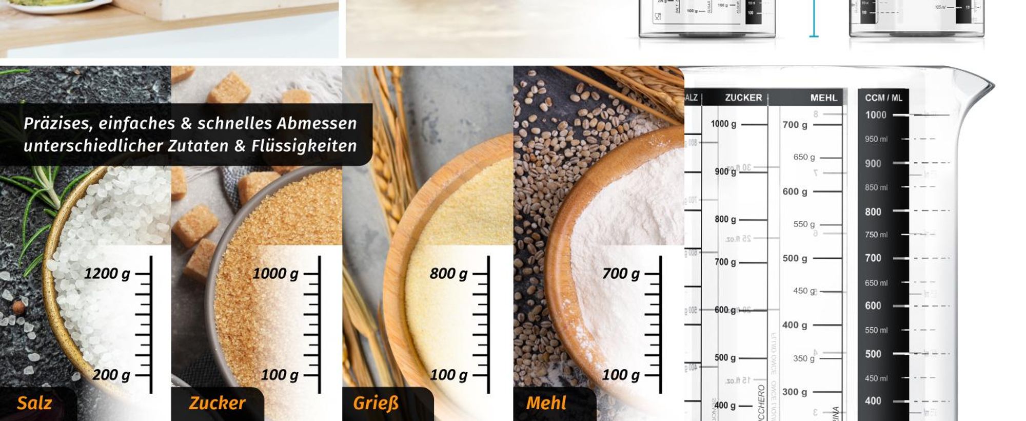 Arendo Messbecher Glas 1000 ml, Skalen für Salz, Zucker, Grieß und Mehl