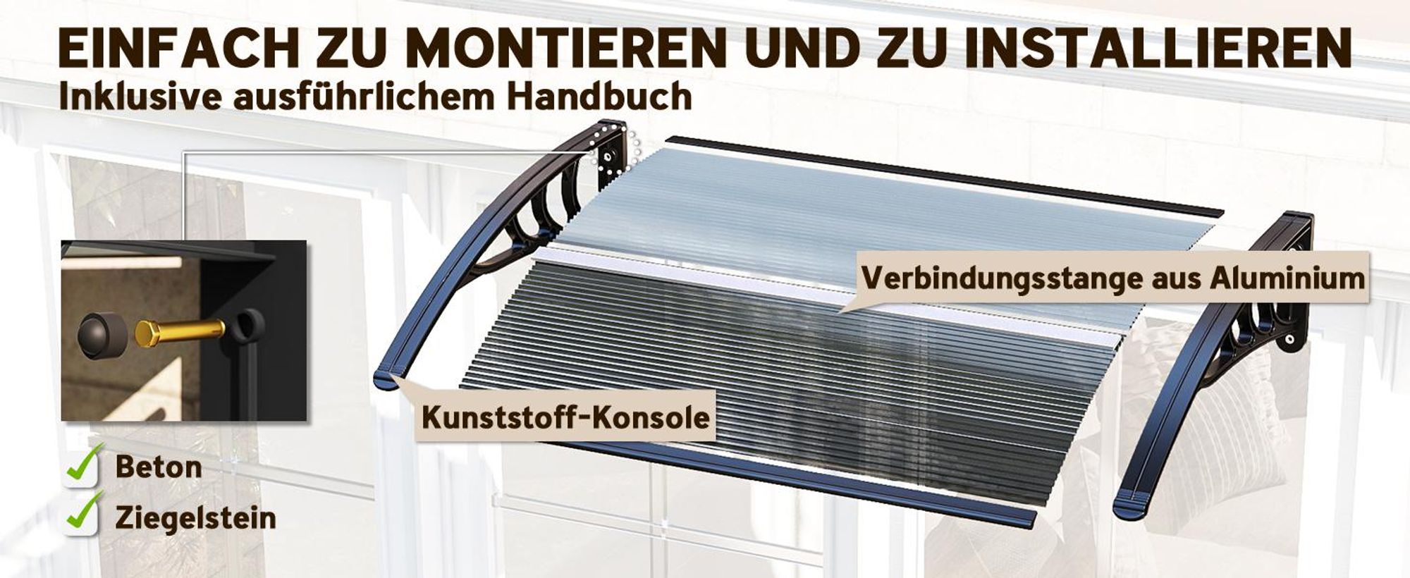 Outsunny Vordach für Haustür 100 x 75 cm Überdachung aus Aluminium Polycarbonat