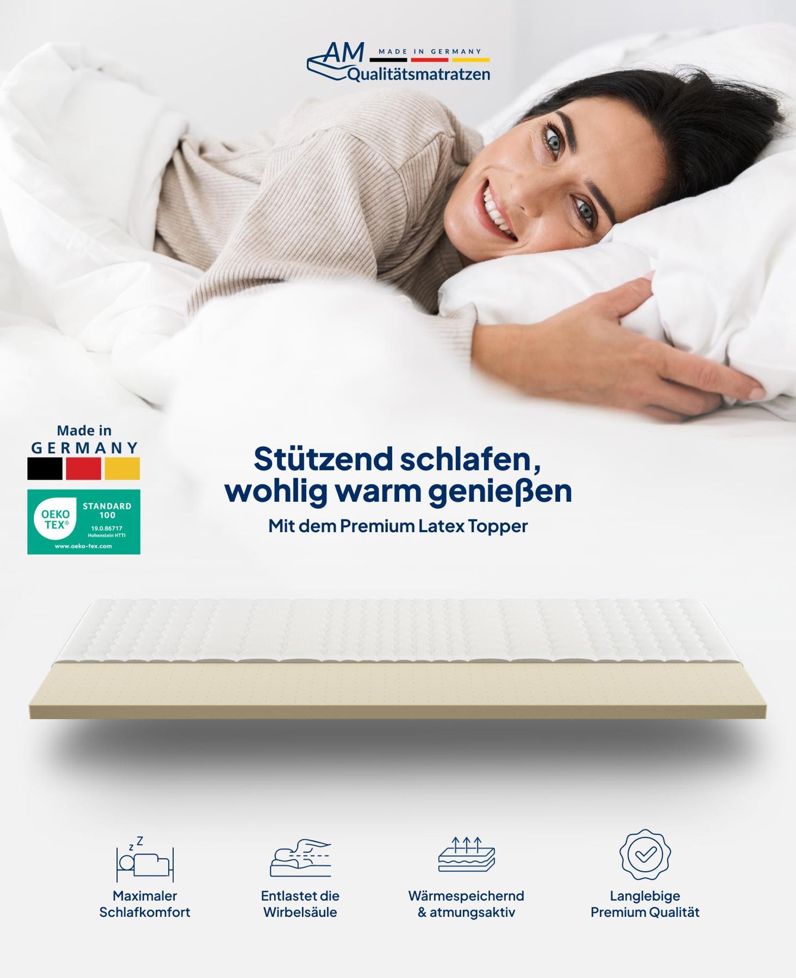 AM Qualitätsmatratzen | Premium Latex-Topper | 180x220 cm | 6 cm Höhe | Matratzentopper | 180/220 | Latex Topper