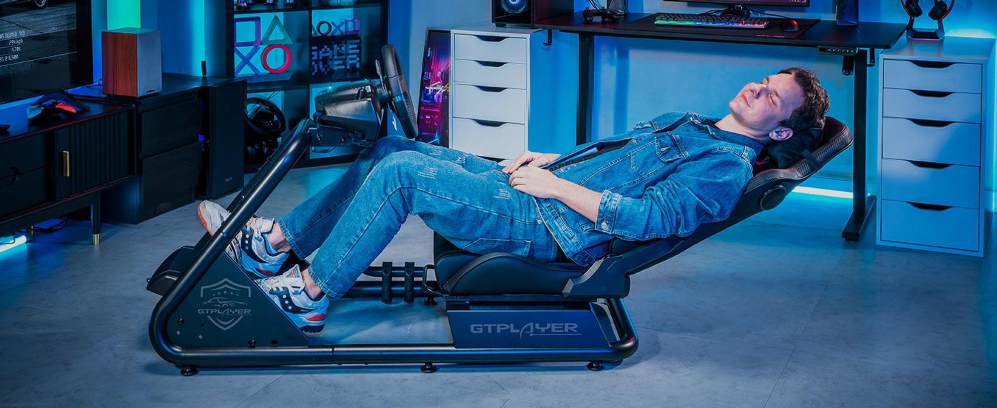 GTPLAYER racecockpit simulator, racecockpit SIM, standaard voor stuurwiel van race-simulator. Standaard voor race-stuurwiel en gamingstoel met Bluetooth-luidspreker