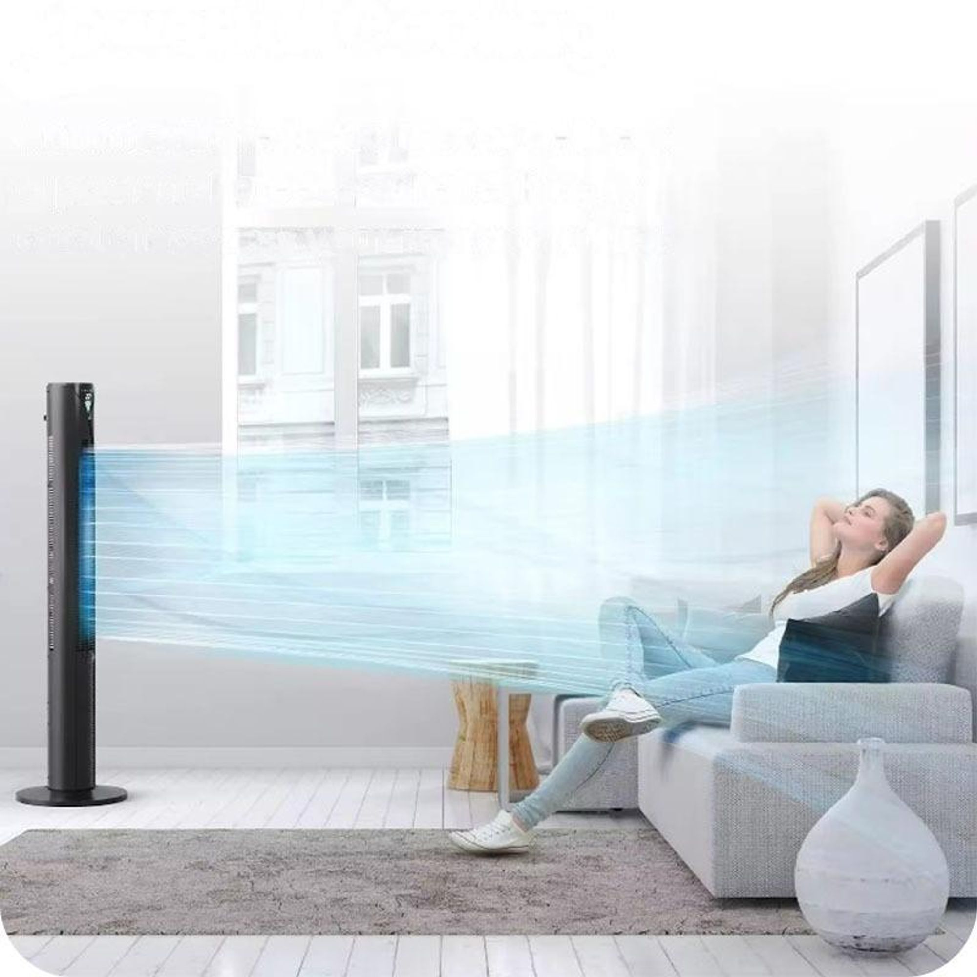 REVENTO® Ventilatore a torre per camere da letto XXL | 116 cm | Ventilatore a piantana silenzioso | Ventilatore a colonna | Ventilatore con telecomando con ionizzazione