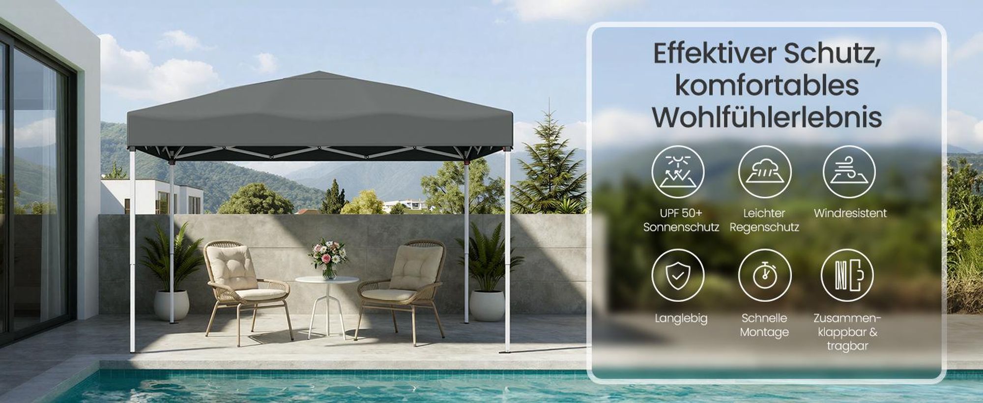SONGMICS Faltzelt 3 x 3 m, stabil, tragbar, Pavillon für Garten, Hof, Markt, Sonnenschutz, grau