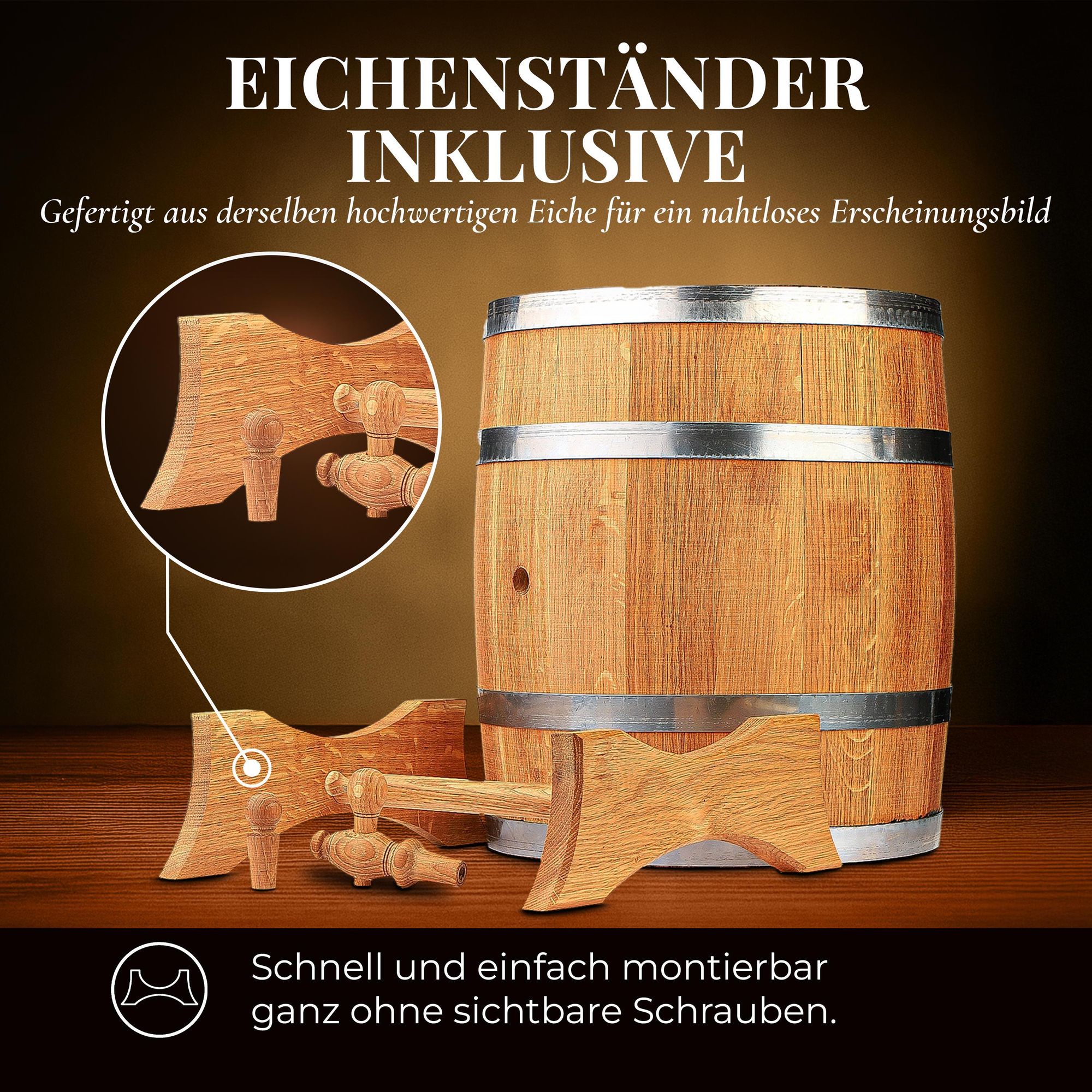 Eichenfass 50L aus Naturholz – Whiskyfass, Weinfass, Holz Fass Deko – Eiche hellbraun, mit Ständer und Zapfhahn – Geschenk für Bar & Zuhause
