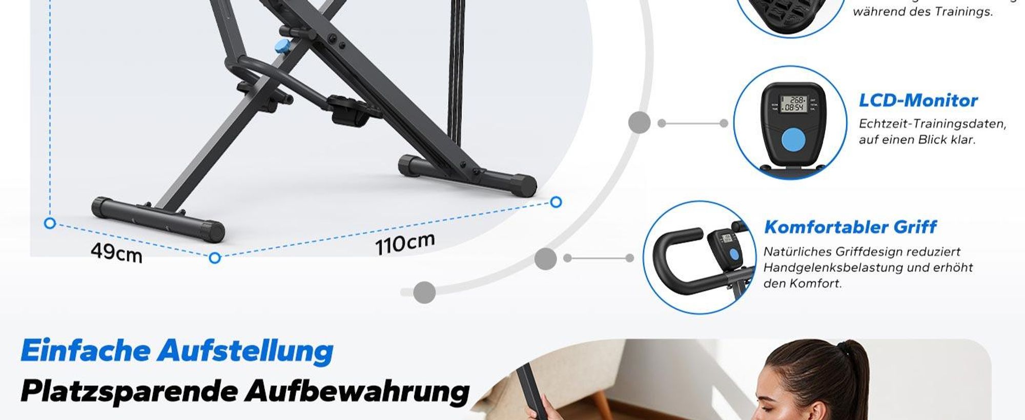 Multifunktionaler Ganzkörpertrainer – Bauch- & Rückentrainer mit 3 Widerstandsbändern, klappbar, LCD-Display, verstellbarer Sitz & Lenker, bis 158 kg