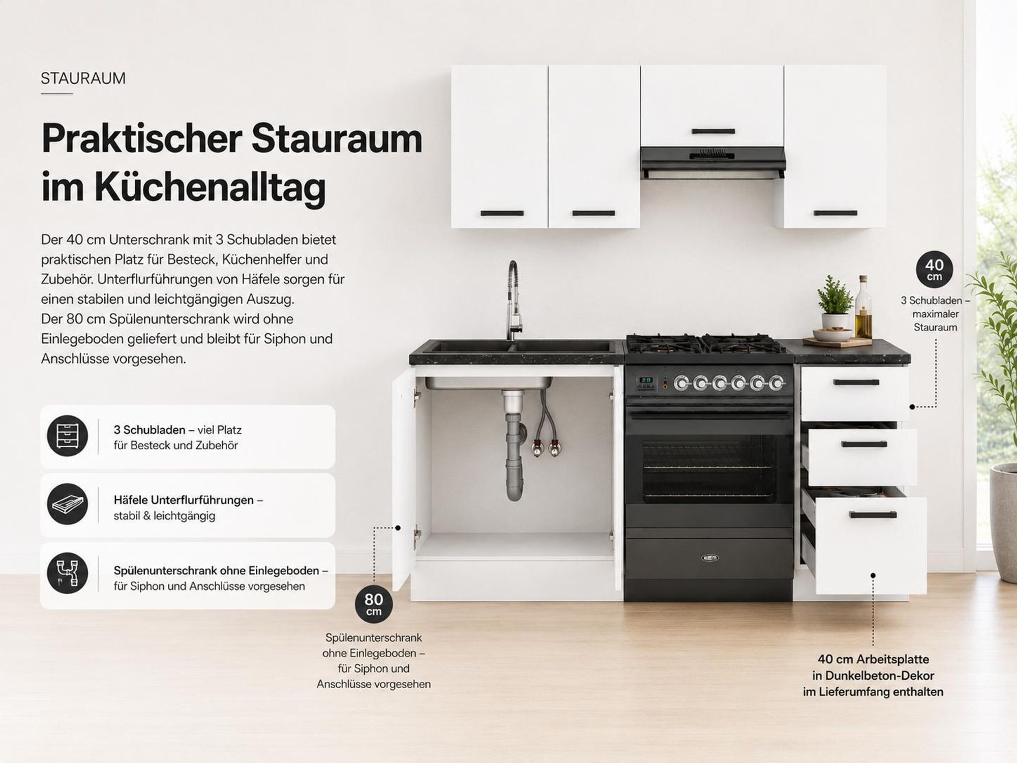 Offener Spülenunterschrank und 40 cm Schrank mit drei Schubladen.