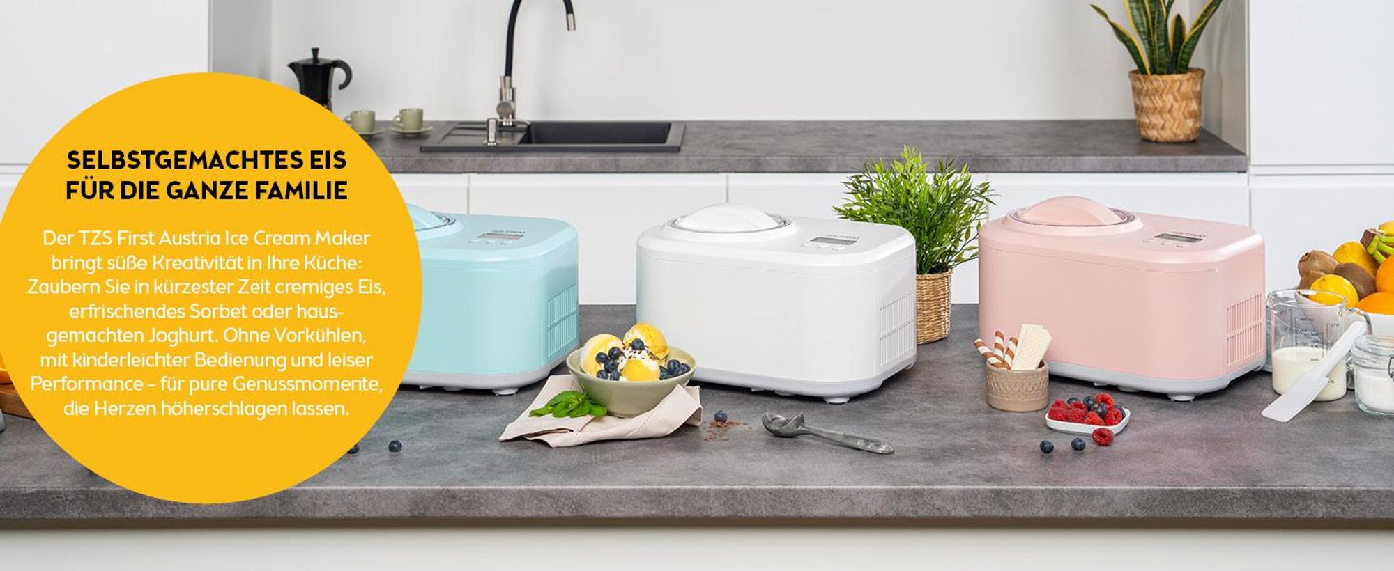 TZS First Austria - Eismaschine 1L 100W - mit Kompressor & Kühlhaltenfunktion - Rosa