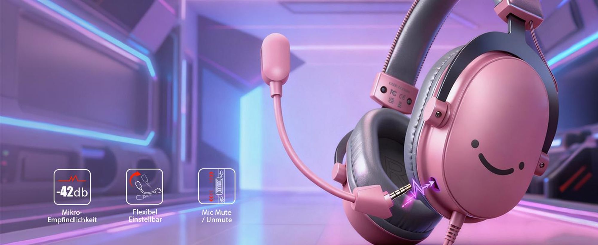 Fifine Headset Over-Ear Gaming-Headset mit Mikrofon Abnehmbar USB Headset mit Kabel, Rosa